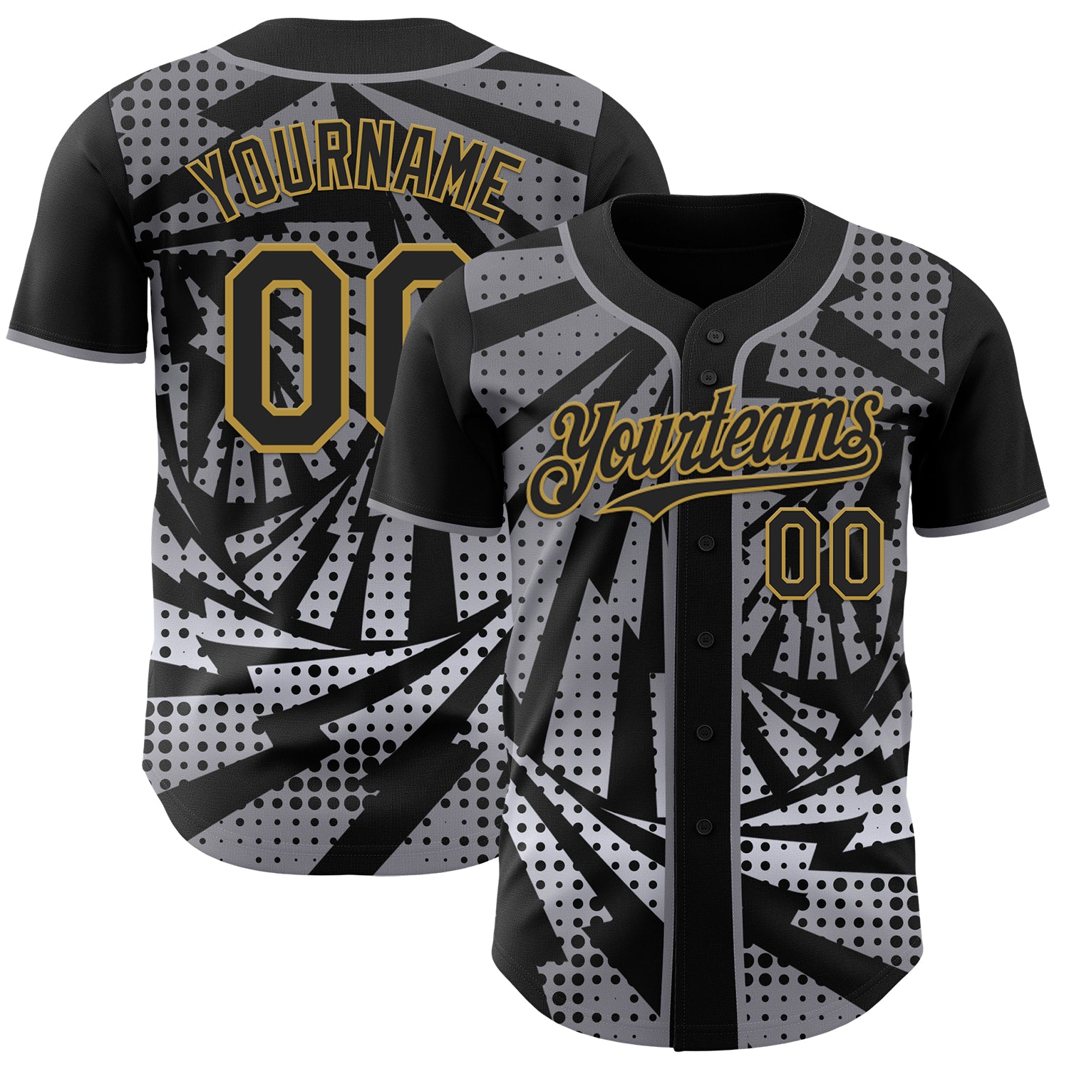 Custom Black Old Gold-Gray Lightning Gradient Dot Authentic Baseball Jersey