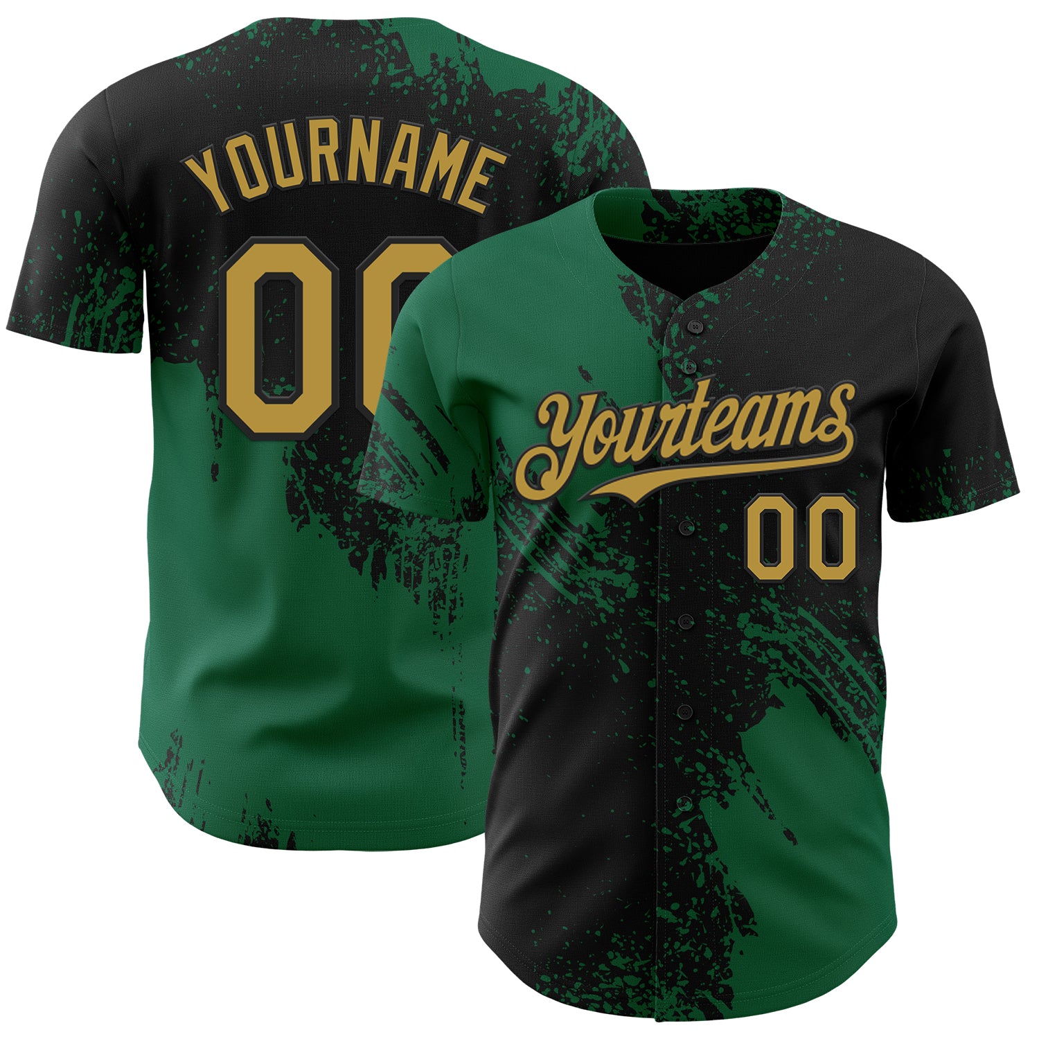 Custom Black Old Gold-Kelly Green Abstract Brush Stroke Authentic Baseball Jersey