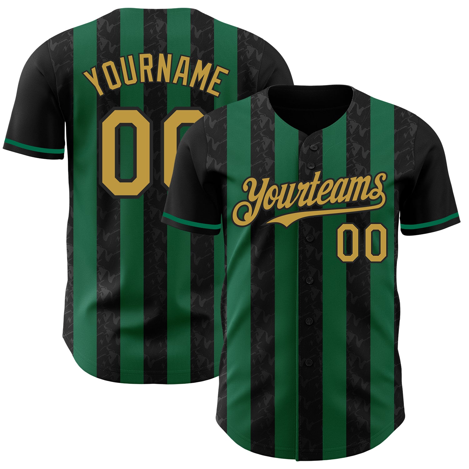Custom Black Old Gold-Kelly Green Classic Vertical Stripe Fluid Liquid Texture Authentic Baseball Jersey