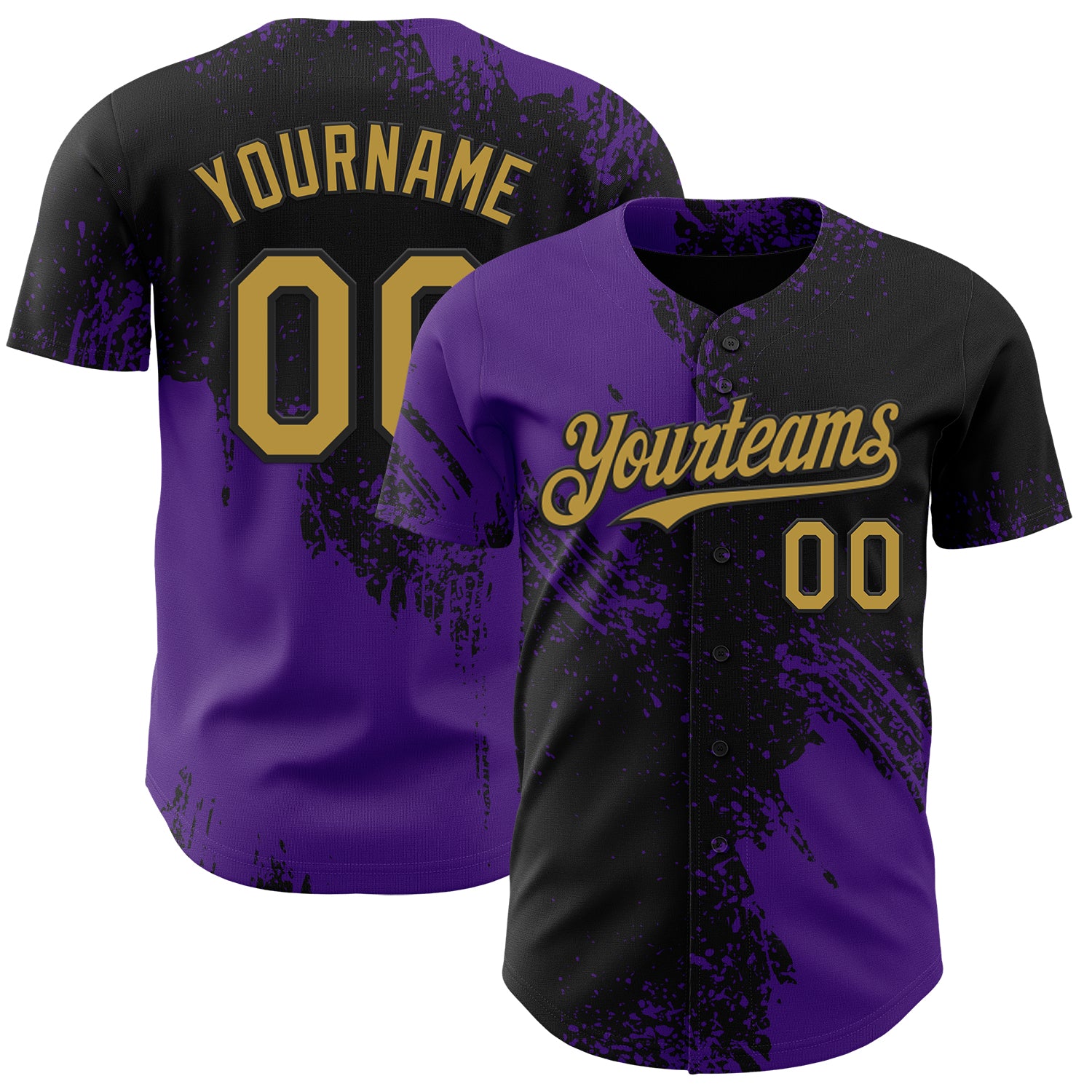 Custom Black Old Gold-Purple Abstract Brush Stroke Authentic Baseball Jersey