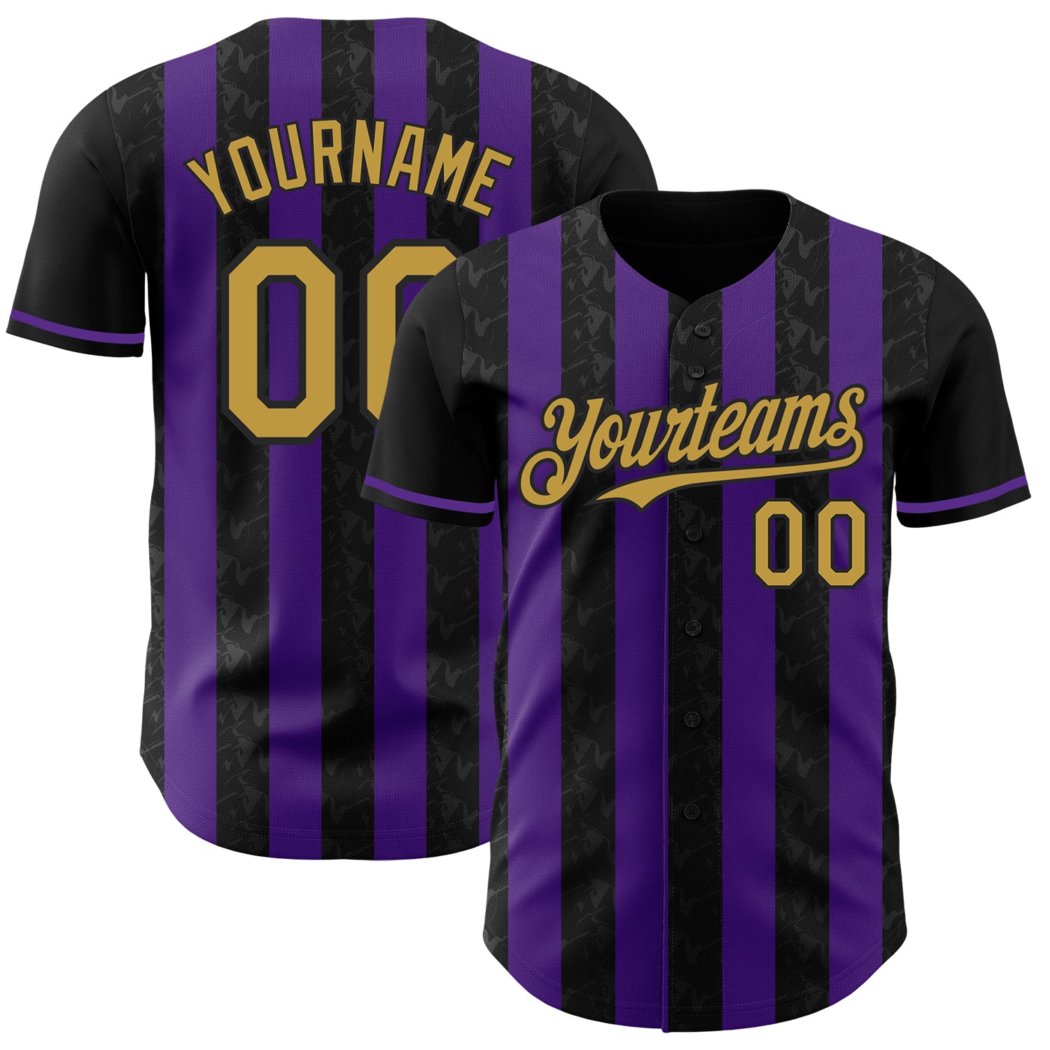 Custom Black Old Gold-Purple Classic Vertical Stripe Fluid Liquid Texture Authentic Baseball Jersey