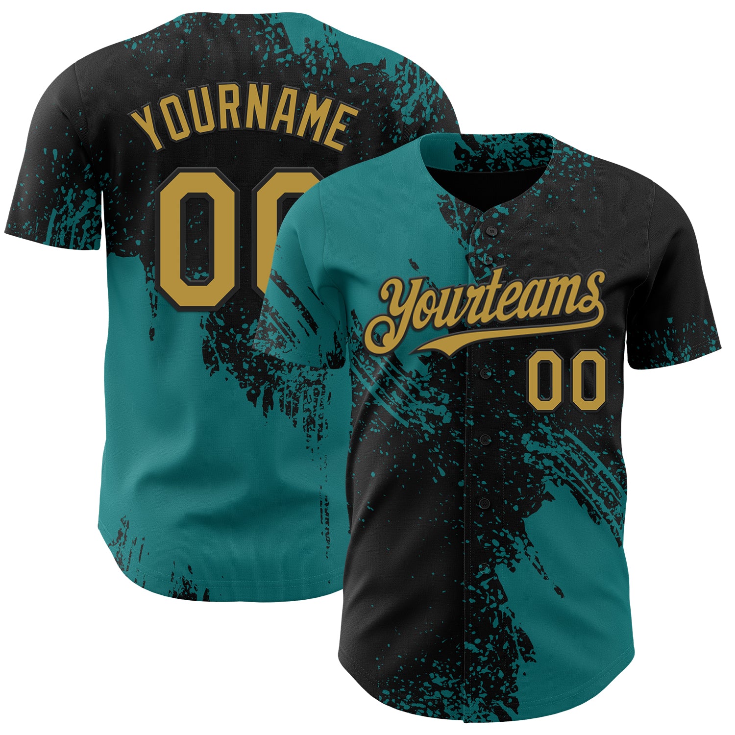 Custom Black Old Gold-Teal Abstract Brush Stroke Authentic Baseball Jersey