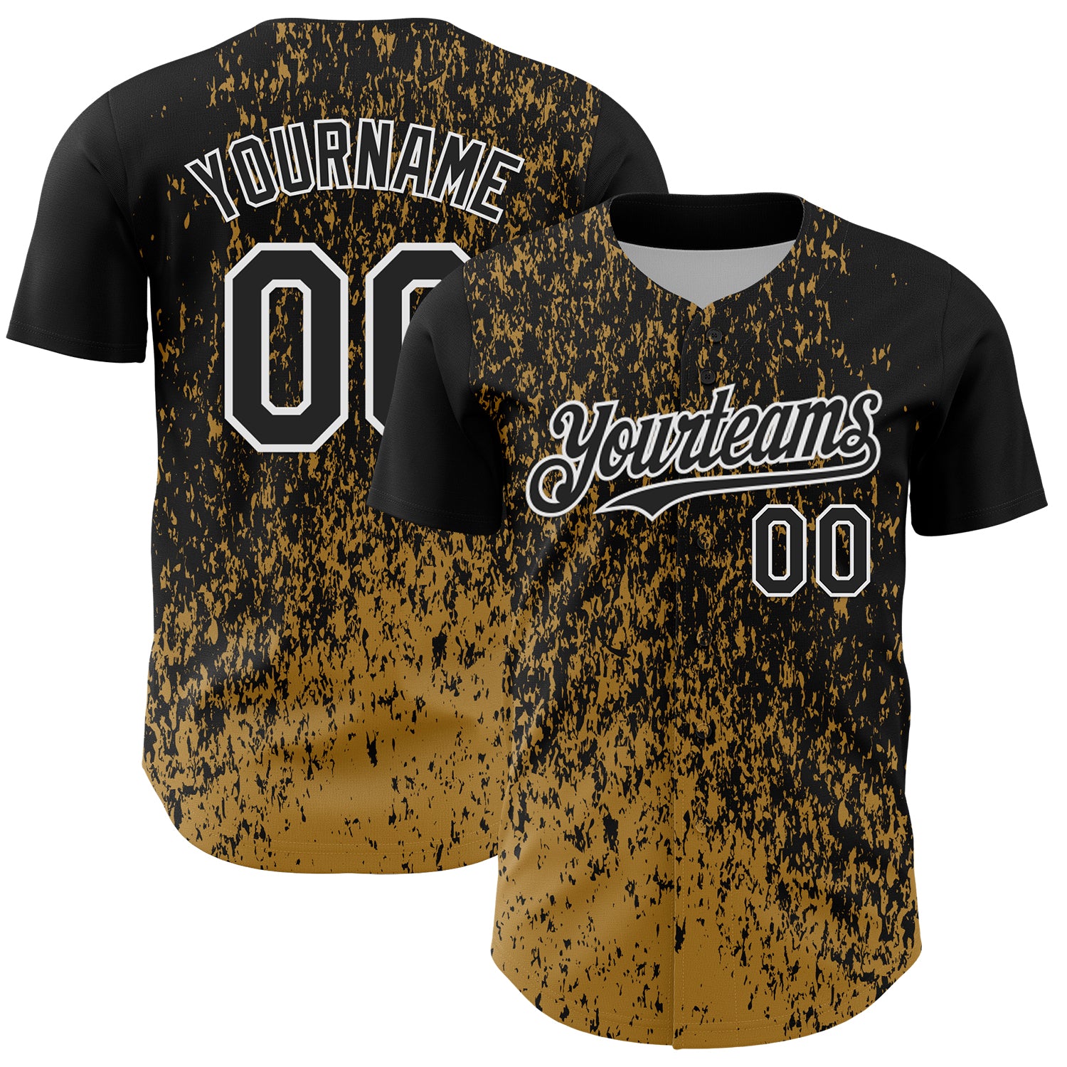 Custom Black Old Gold-White 3D Pattern Design Abstract Fragment Splatter Authentic Baseball Jersey