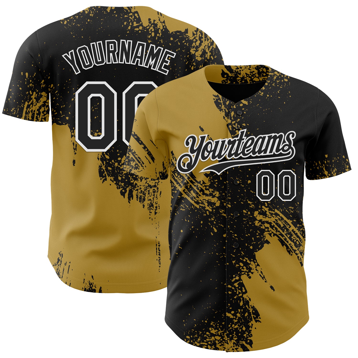 Custom Black Old Gold-White Abstract Brush Stroke Authentic Baseball Jersey