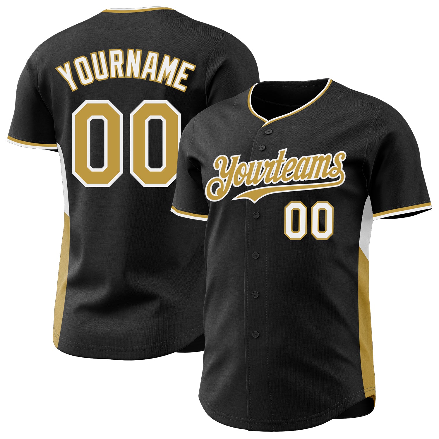 Custom Black Old Gold-White Classic Color Block Side Panel Stripe Authentic Baseball Jersey