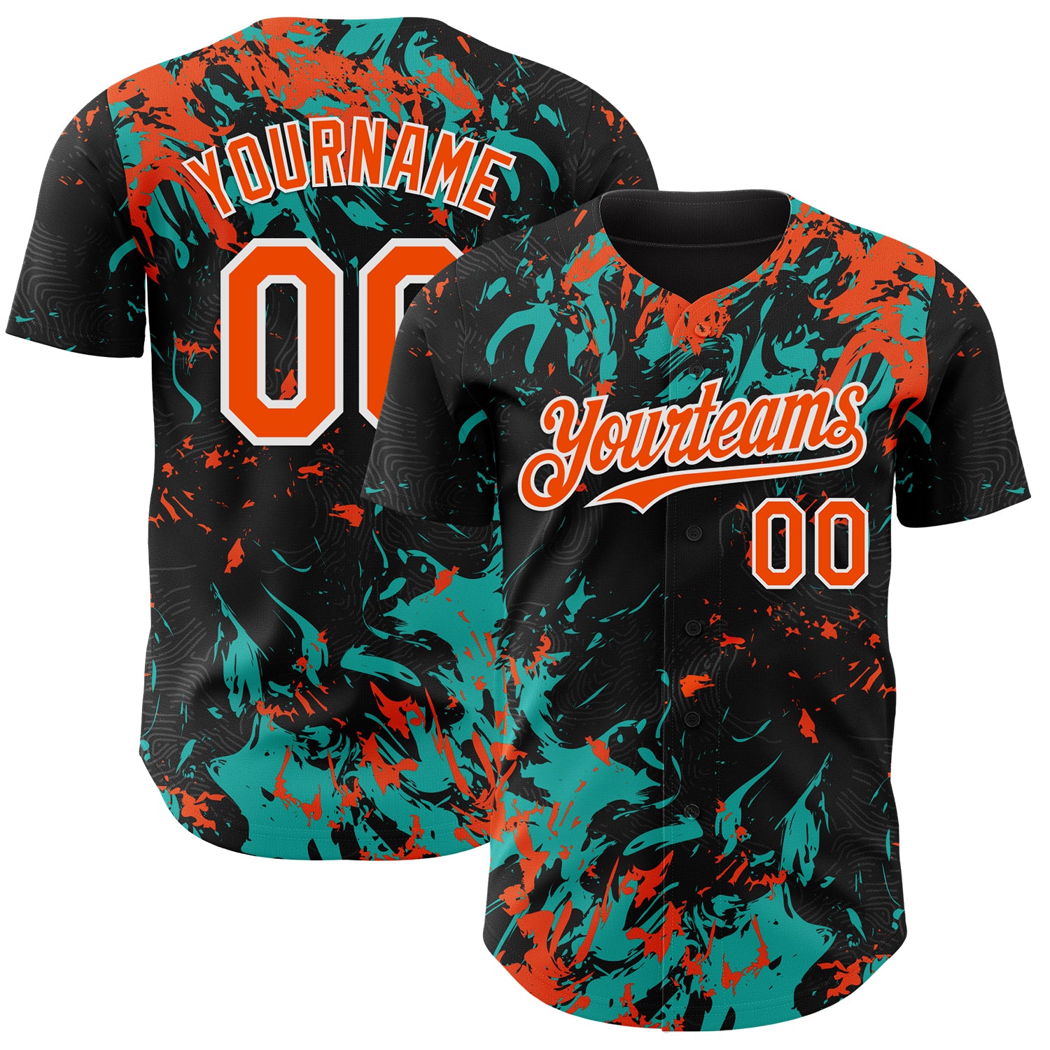 Custom Black Orange Aqua-White 3D Pattern Design Splash Authentic Baseball Jersey