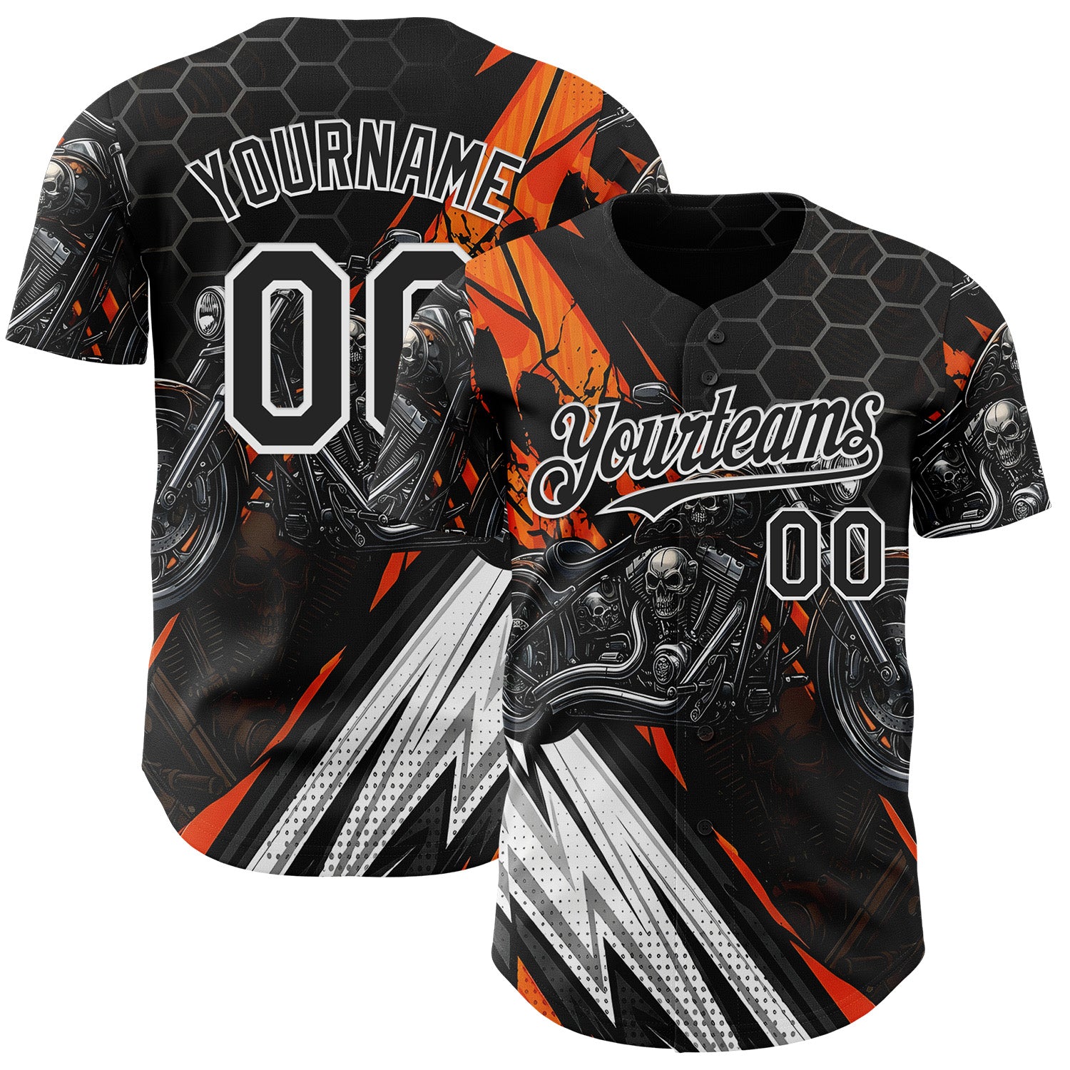 Custom Black Orange Gray-White 3D Pattern Design Motorcycle Motocross Skull Authentic Baseball Jersey
