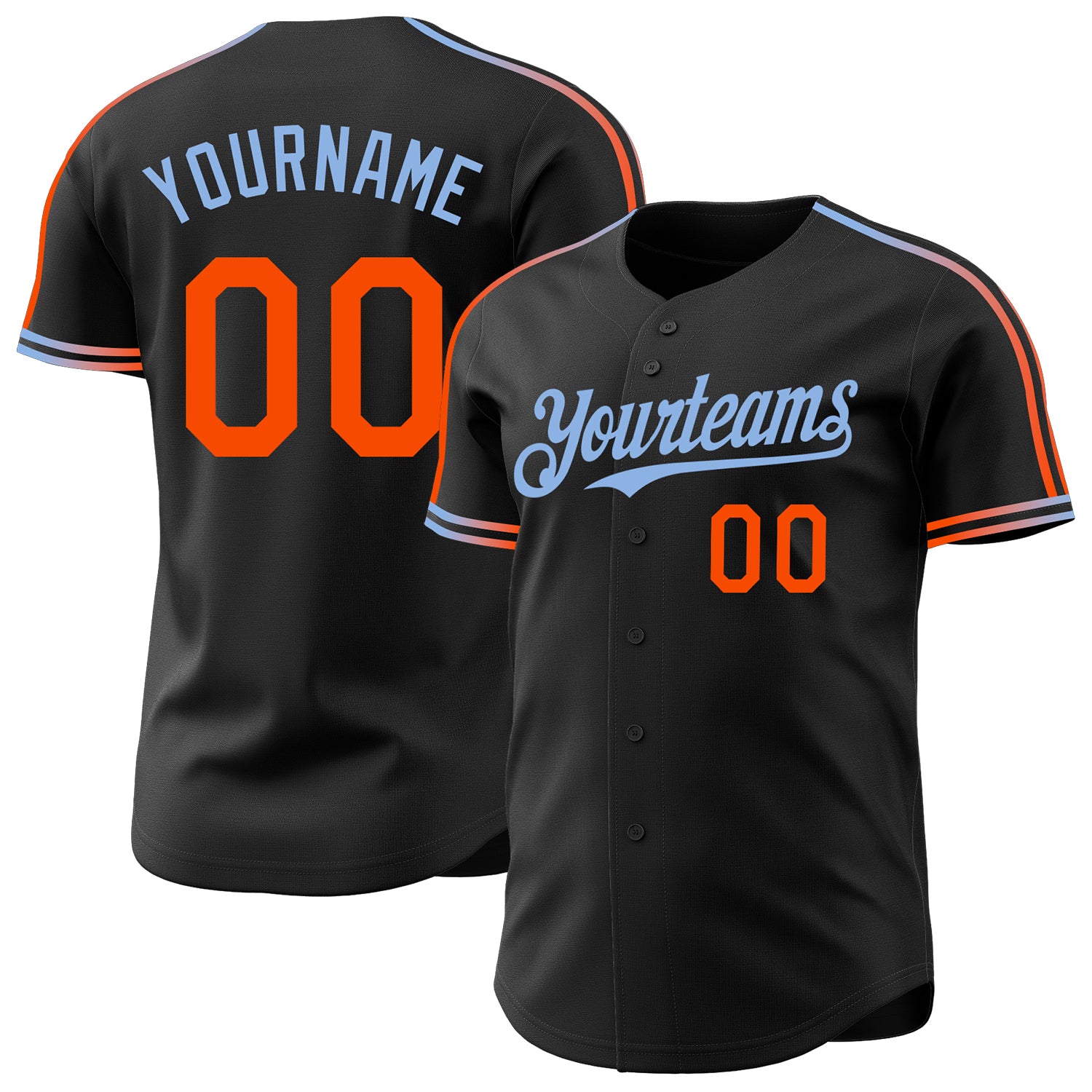 Custom Black Orange-Light Blue Raglan Line Gradient Stripe Authentic Baseball Jersey