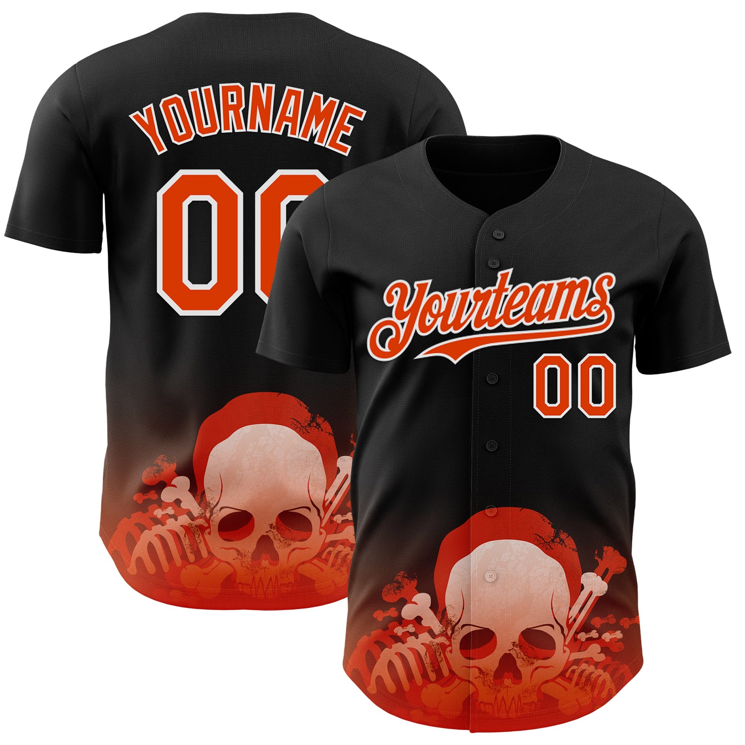 Custom Black Orange-White Skull Authentic Baseball Jersey