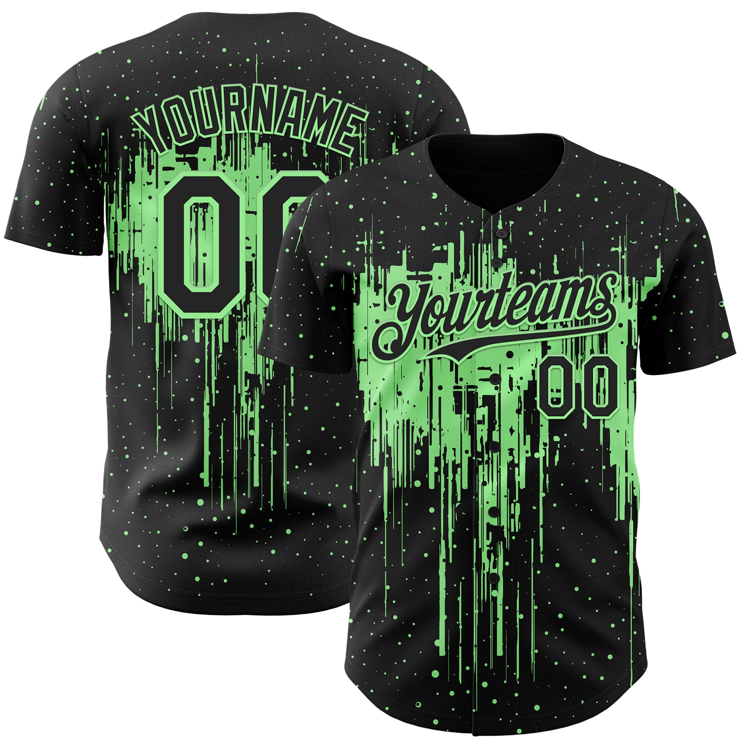 Custom Black Pea Green 3D Pattern Design Dripping Splatter Paint Authentic Baseball Jersey