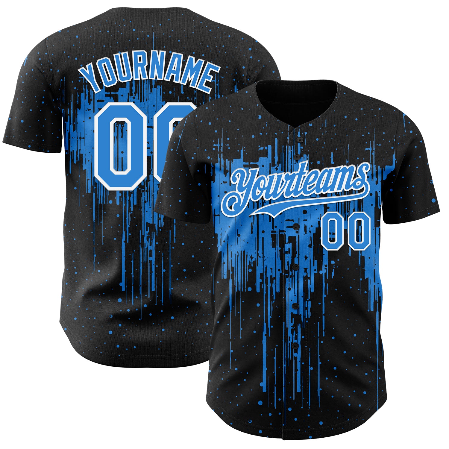Custom Black Powder Blue-White 3D Pattern Design Dripping Splatter Paint Authentic Baseball Jersey