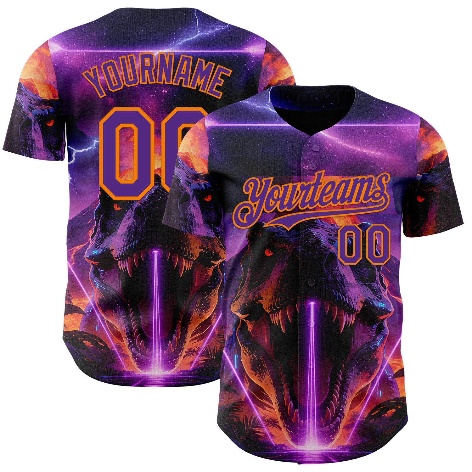 Custom Black Purple-Bay Orange Cyber Tropical Palm Trees Dinosaur Gothic Fantasy Authentic Baseball Jersey