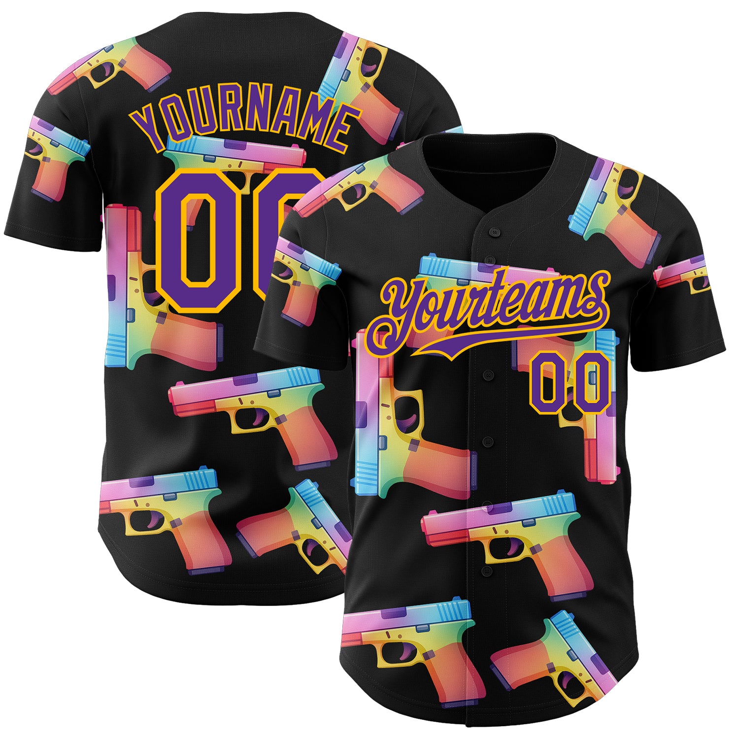 Custom Black Purple-Gold Colorful Firepower 3D Pattern Design Authentic Baseball Jersey
