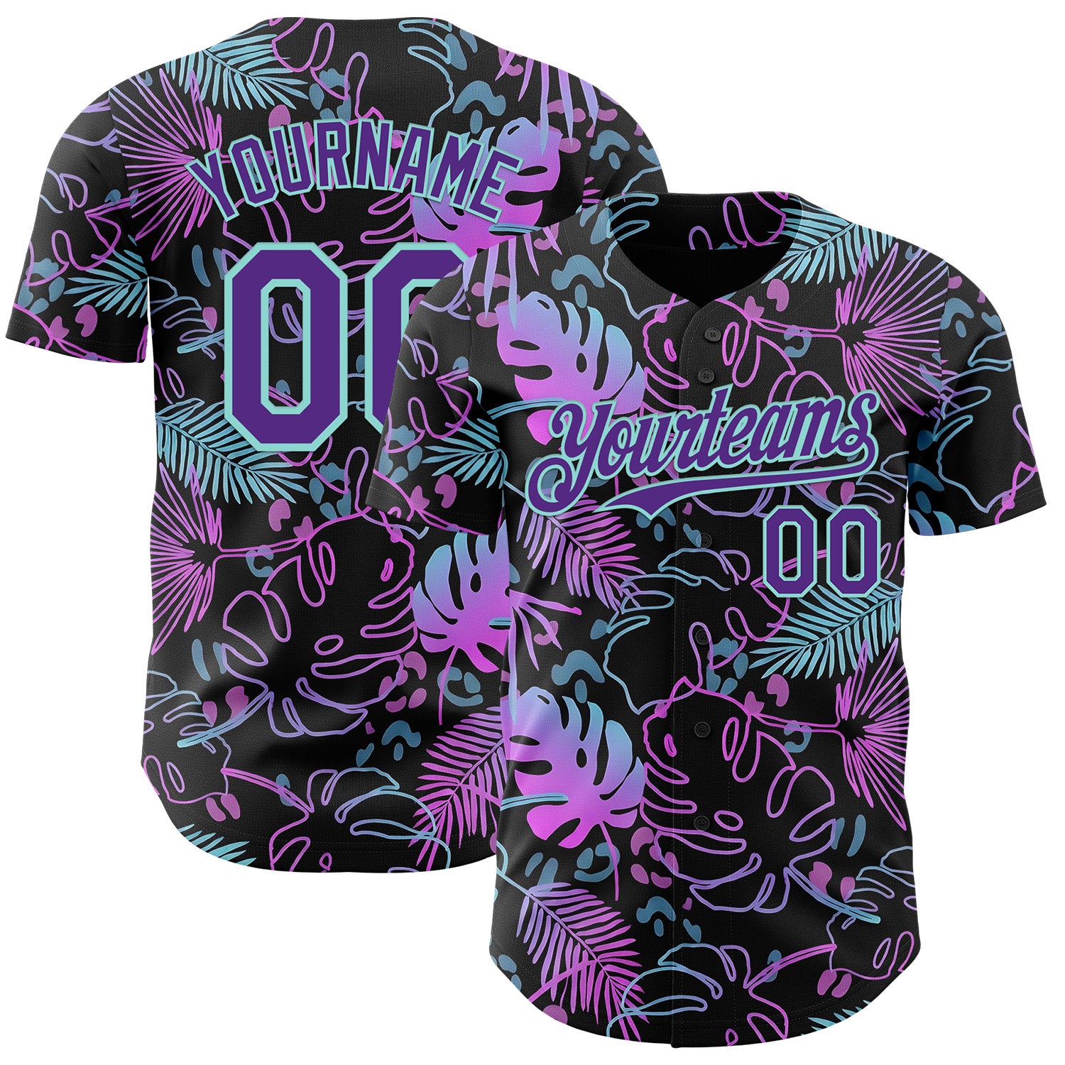 Custom Black Purple-Ice Blue Cyber Tropical Palm Trees Music Festival Authentic Baseball Jersey
