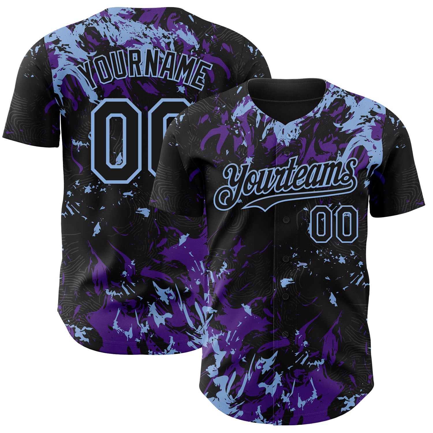 Custom Black Purple-Light Blue 3D Pattern Design Splash Authentic Baseball Jersey