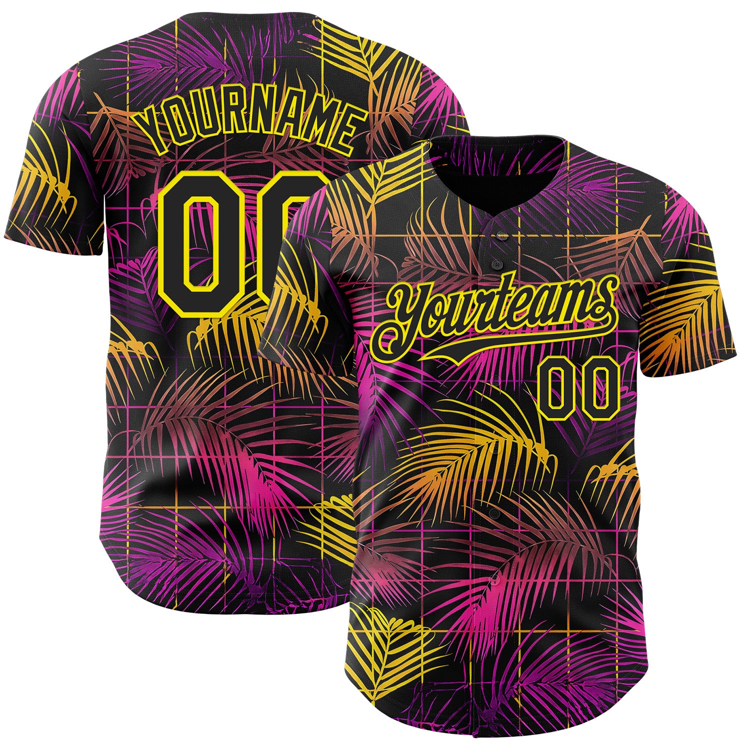 Custom Black Purple-Light Yellow Cyber Tropical Palm Trees Music Festival Authentic Baseball Jersey