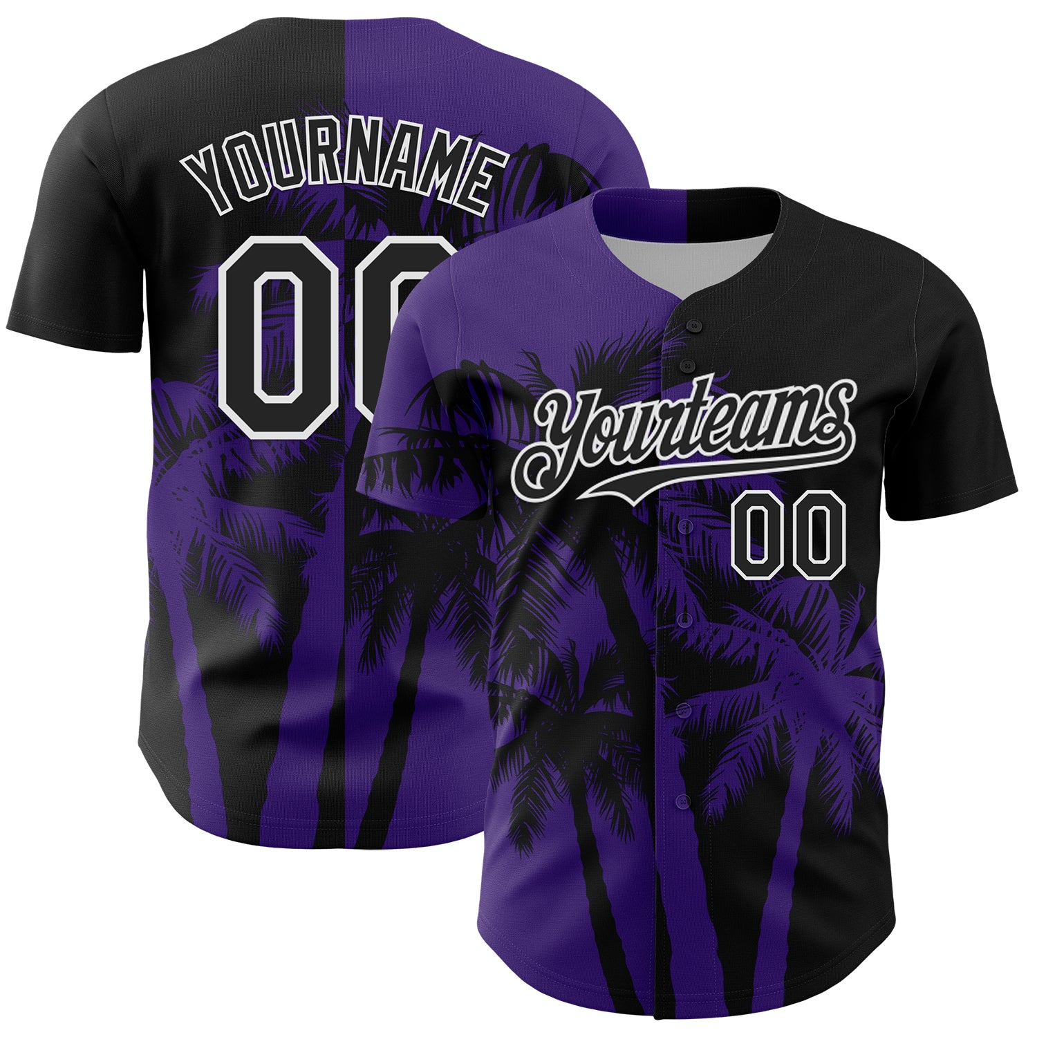Custom Black Purple-White 3D Pattern Design Hawaii Palm Trees Tropical Coconut Authentic Baseball Jersey