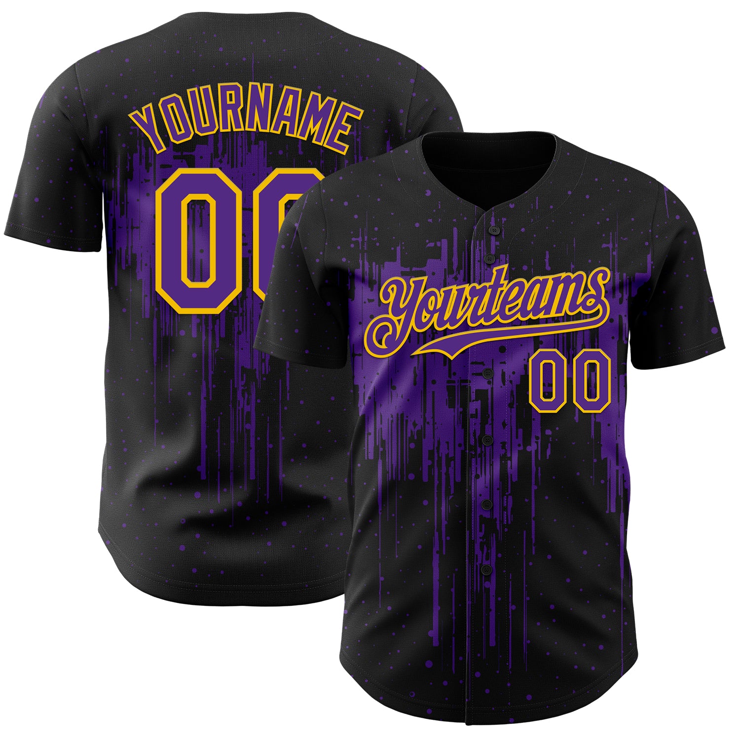 Custom Black Purple-Yellow 3D Pattern Design Dripping Splatter Paint Authentic Baseball Jersey