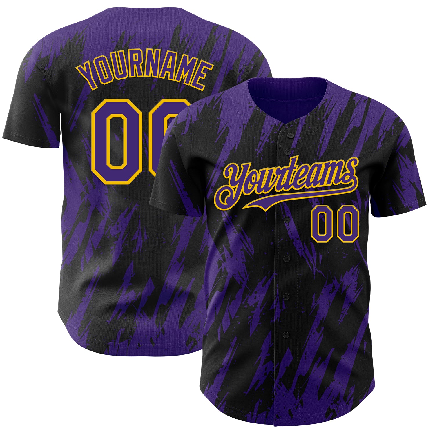 Custom Black Purple-Yellow 3D Pattern Design Splatter Torn Sharp Brush Stroke Authentic Baseball Jersey