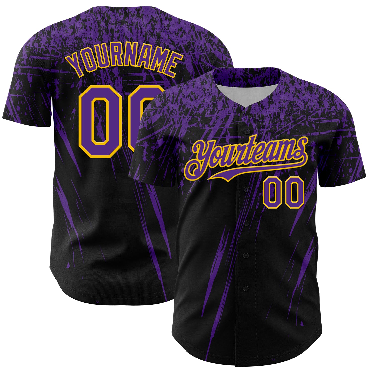 Custom Black Purple-Yellow Distressed Scratch Brush Stroke Authentic Baseball Jersey