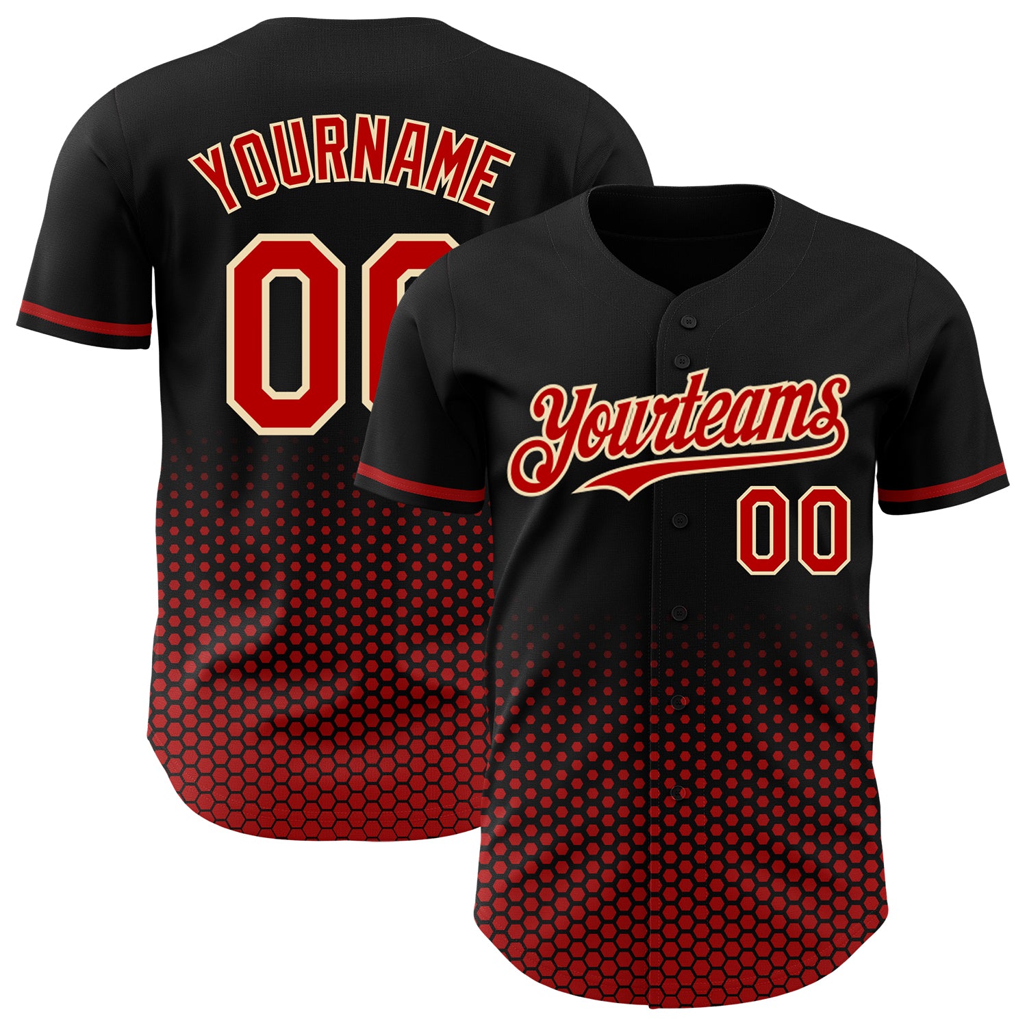 Custom Black Red-Cream Geometric Hexagonal Dot Gradient Authentic Baseball Jersey