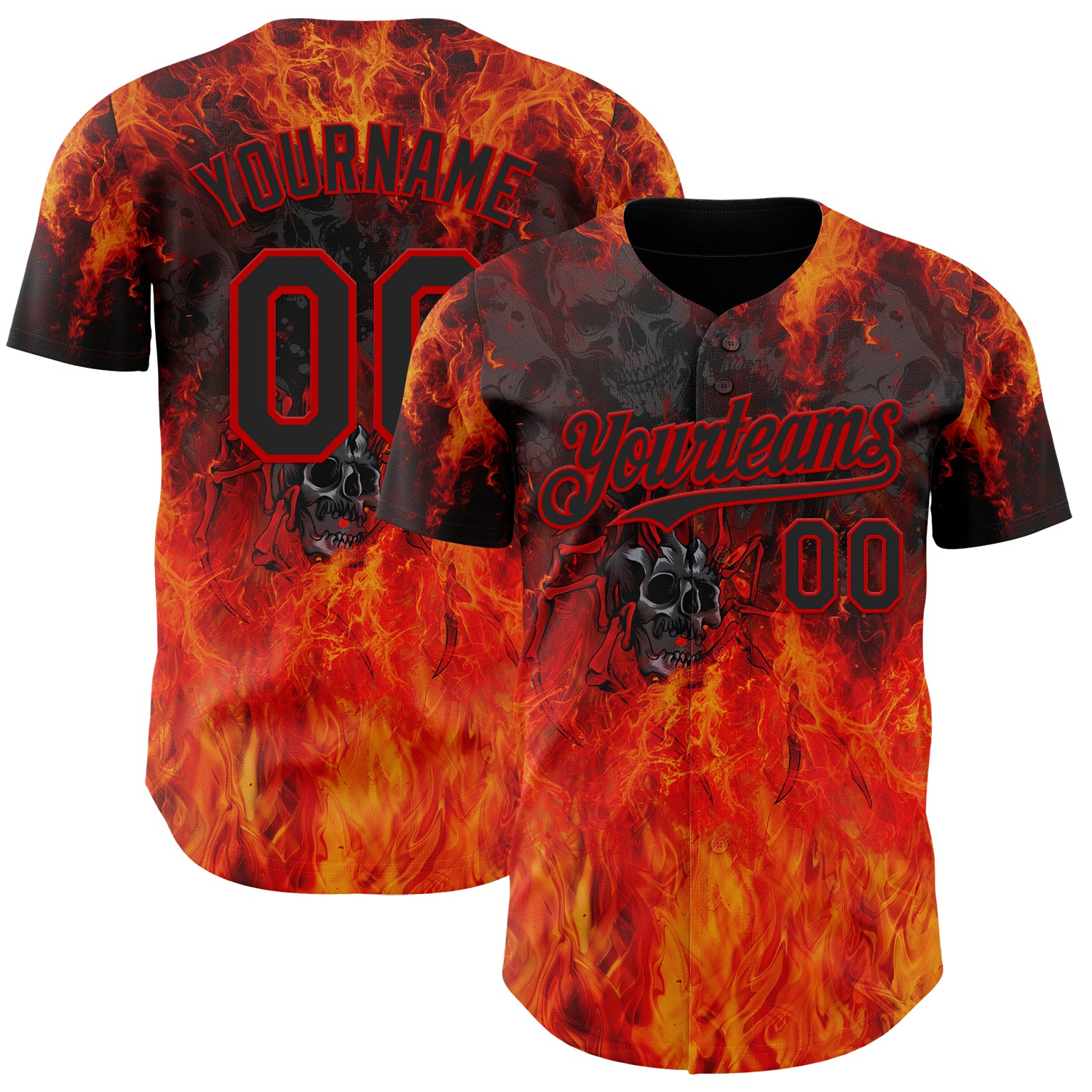 Custom Black-Red Flames Skull Authentic Baseball Jersey