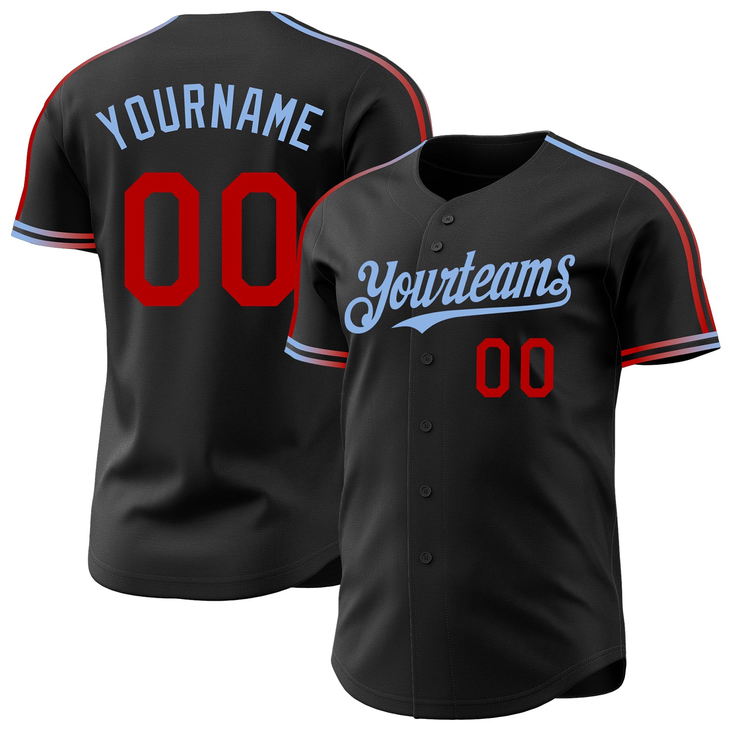 Custom Black Red-Light Blue Raglan Line Gradient Stripe Authentic Baseball Jersey
