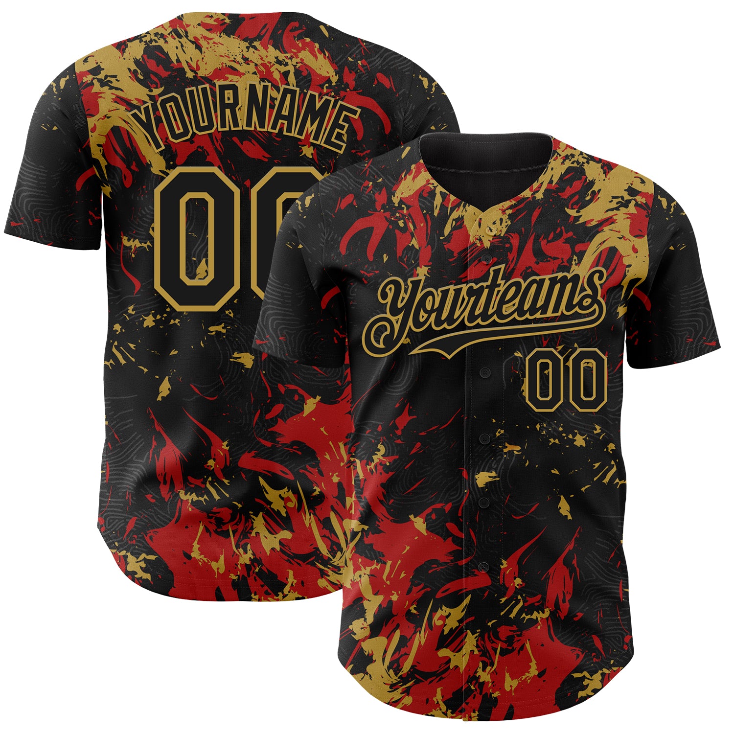 Custom Black Red-Old Gold 3D Pattern Design Splash Authentic Baseball Jersey