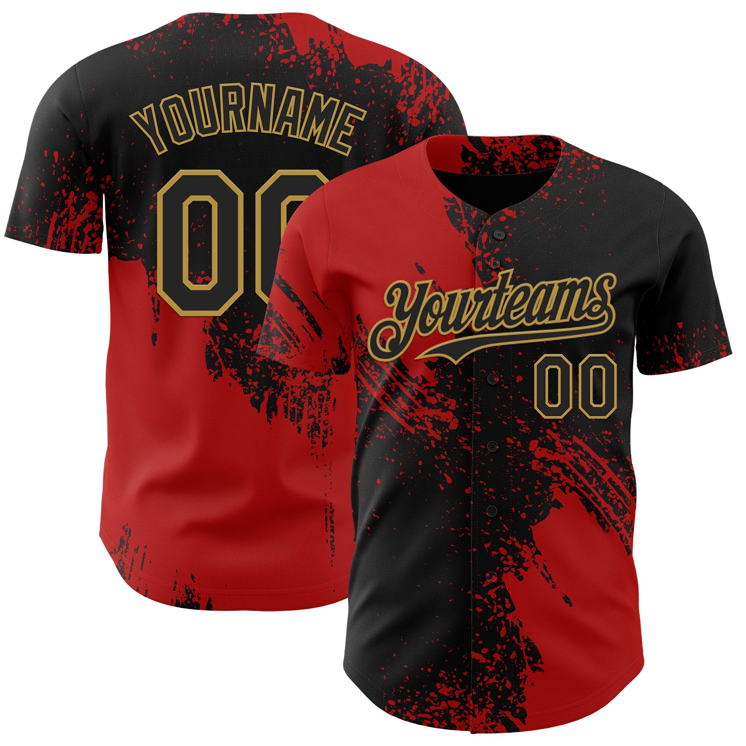Custom Black Red-Old Gold Abstract Brush Stroke Authentic Baseball Jersey