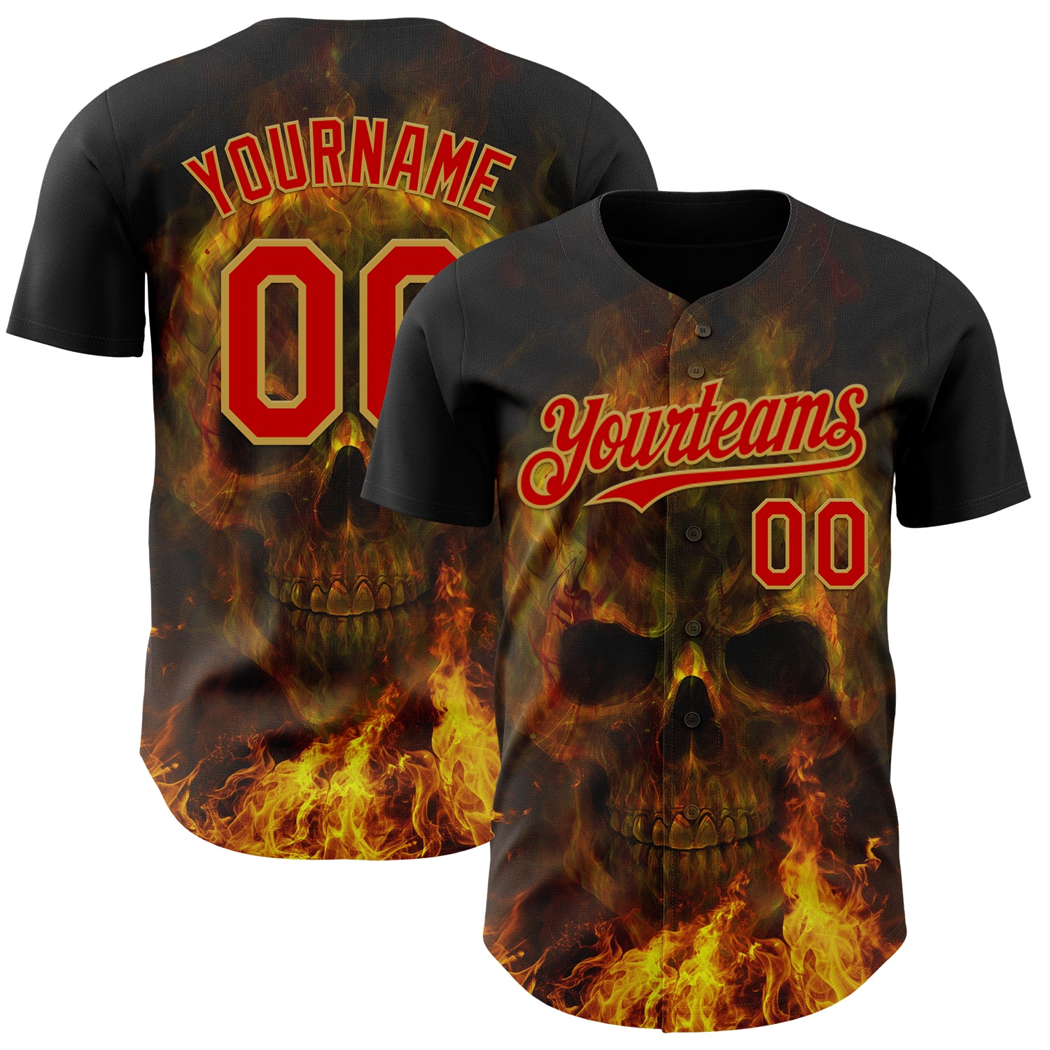 Custom Black Red-Old Gold Flames Skull Authentic Baseball Jersey
