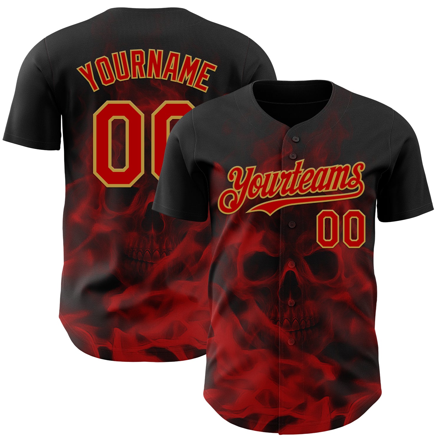 Custom Black Red-Old Gold Flames Skull Smoke Authentic Baseball Jersey