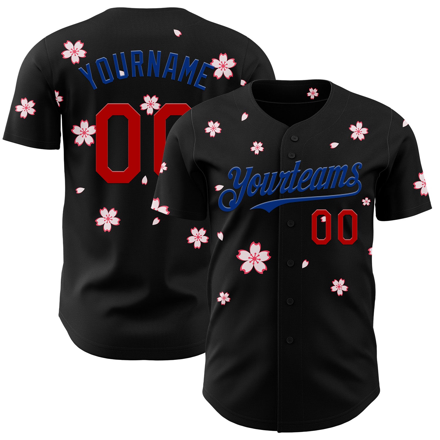 Custom Black Red-Royal Cherry Blossoms Sakura Authentic Baseball Jersey