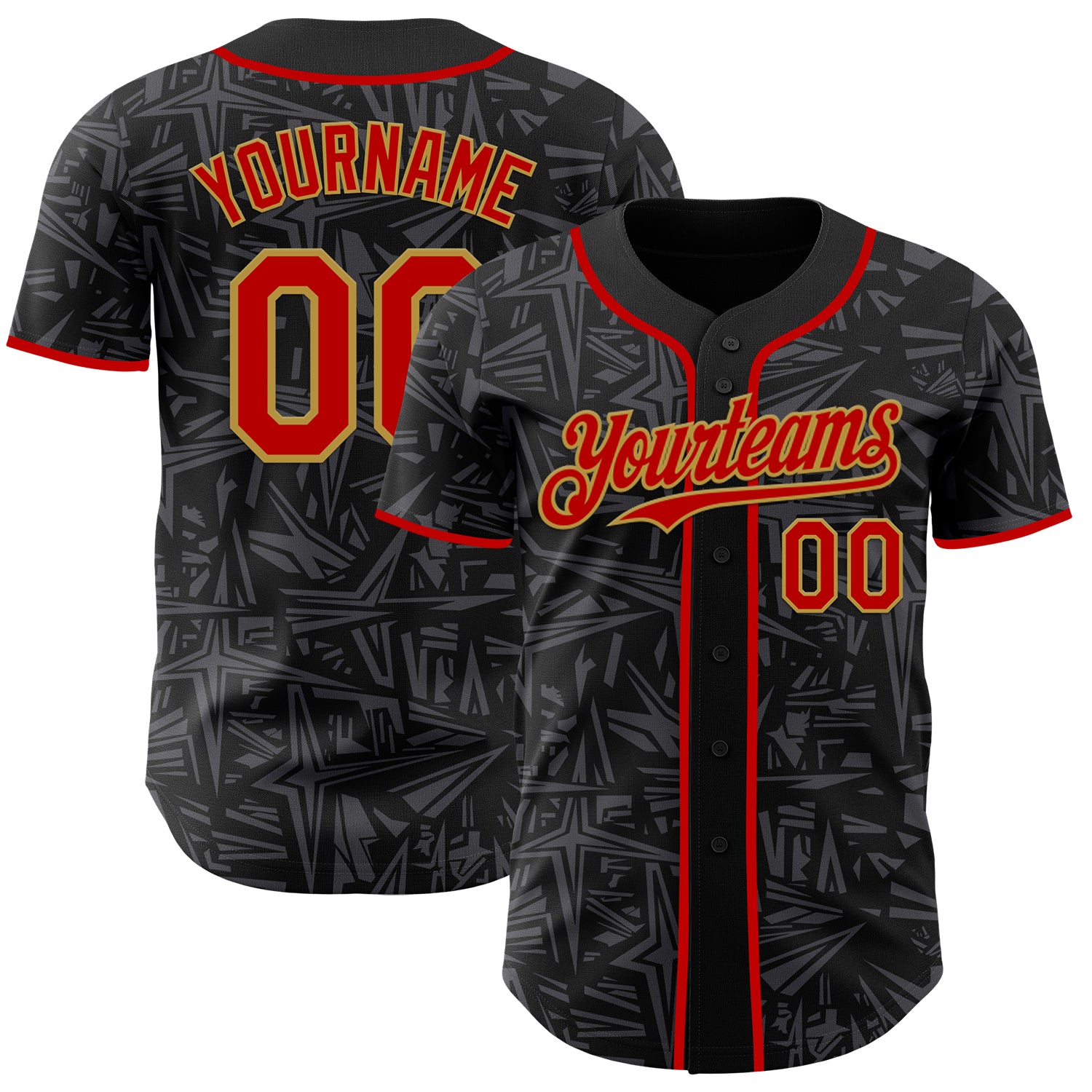 Custom Black Red Steel Gray-Old Gold Geometric Cyber Starburst Authentic Baseball Jersey