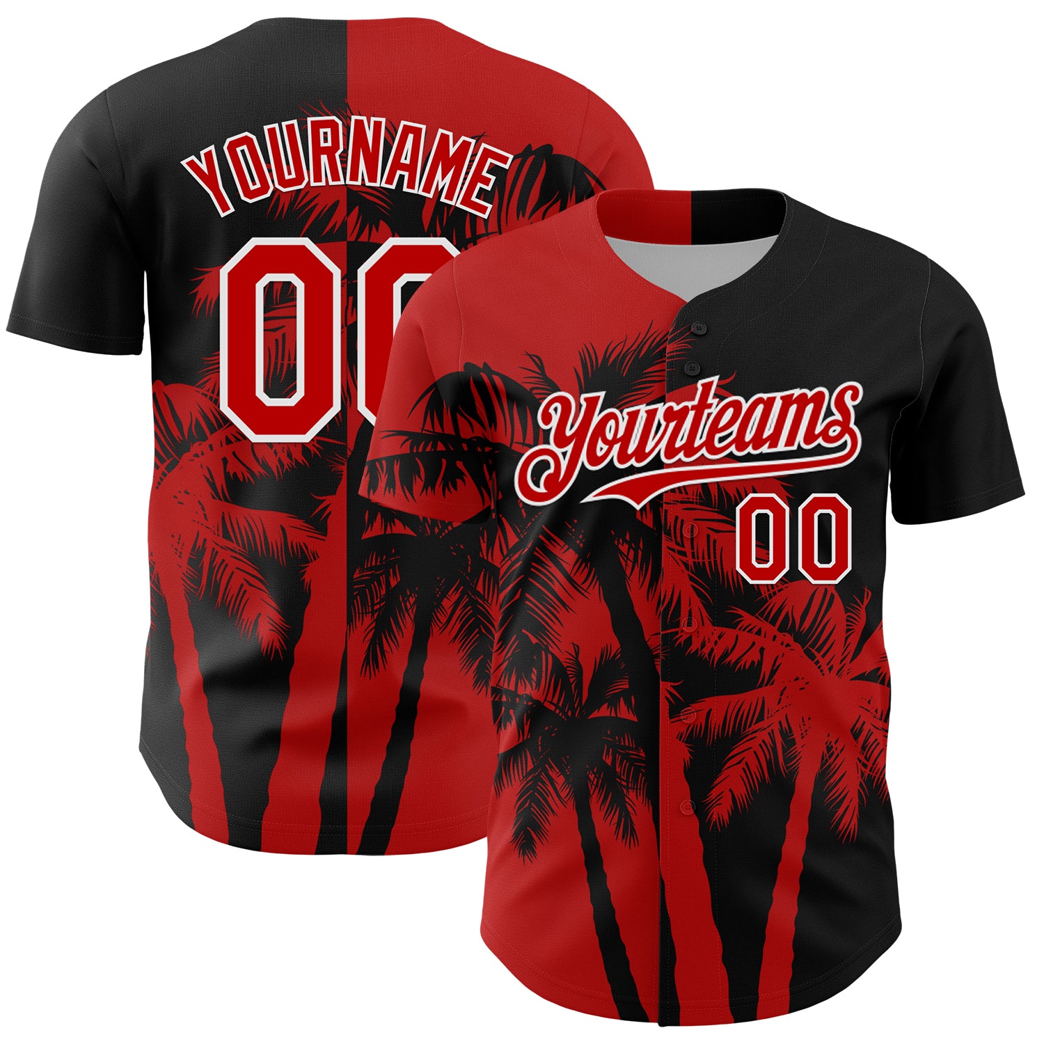 Custom Black Red-White 3D Pattern Design Hawaii Palm Trees Tropical Coconut Authentic Baseball Jersey