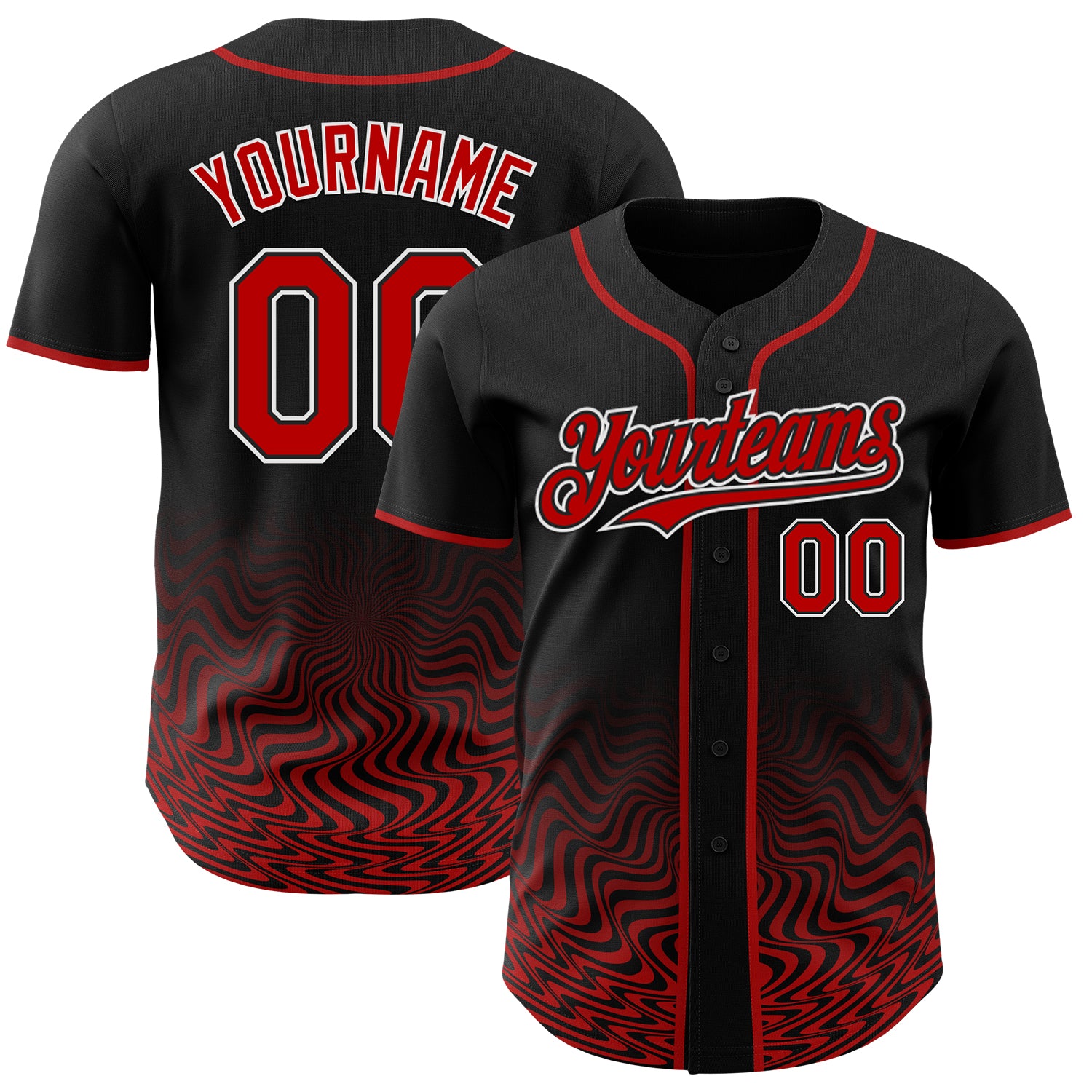 Custom Black Red-White Fluid Wave Psychedelic Swirl Authentic Baseball Jersey