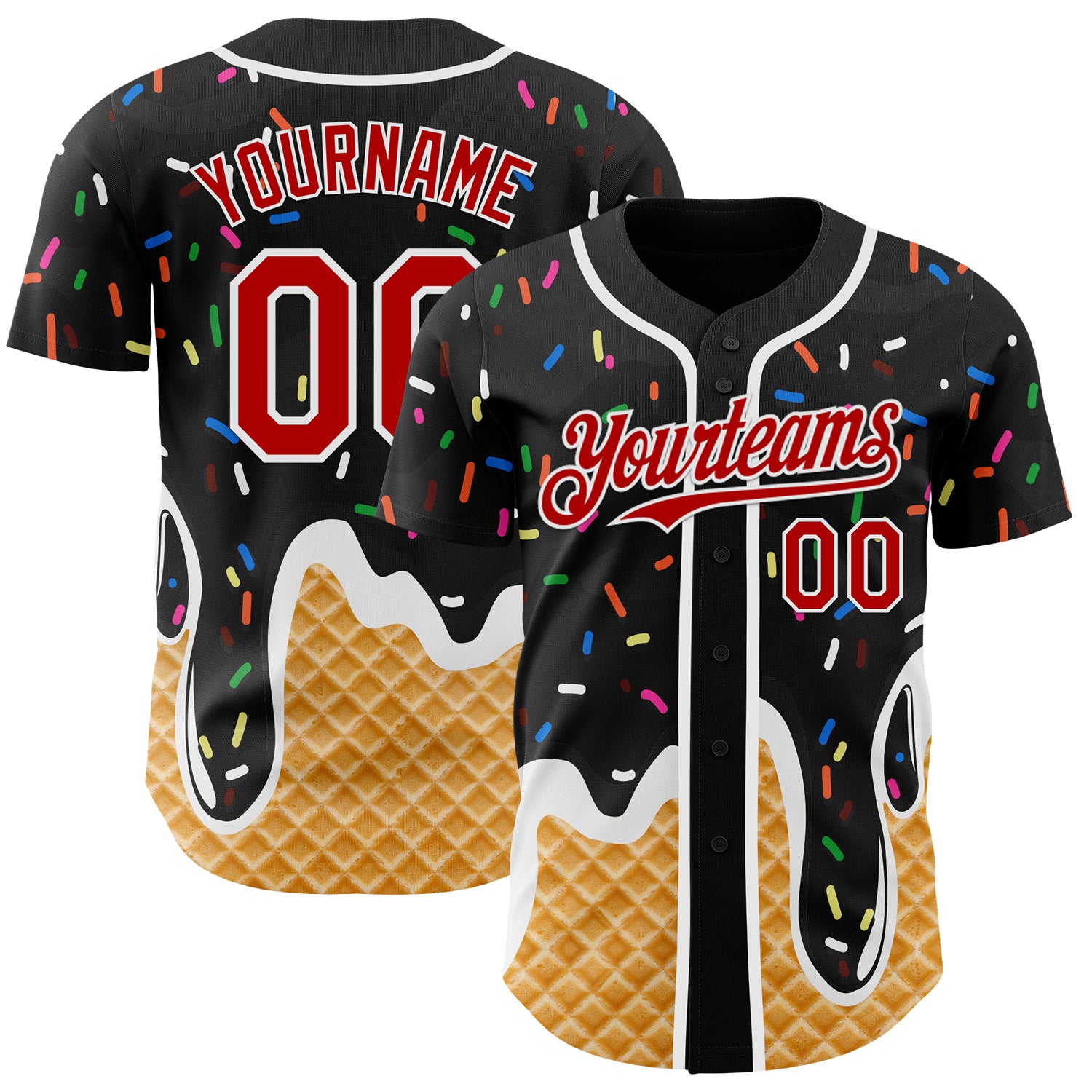 Custom Black Red-White Ice Cream Waffle Foodie Dessert Authentic Baseball Jersey