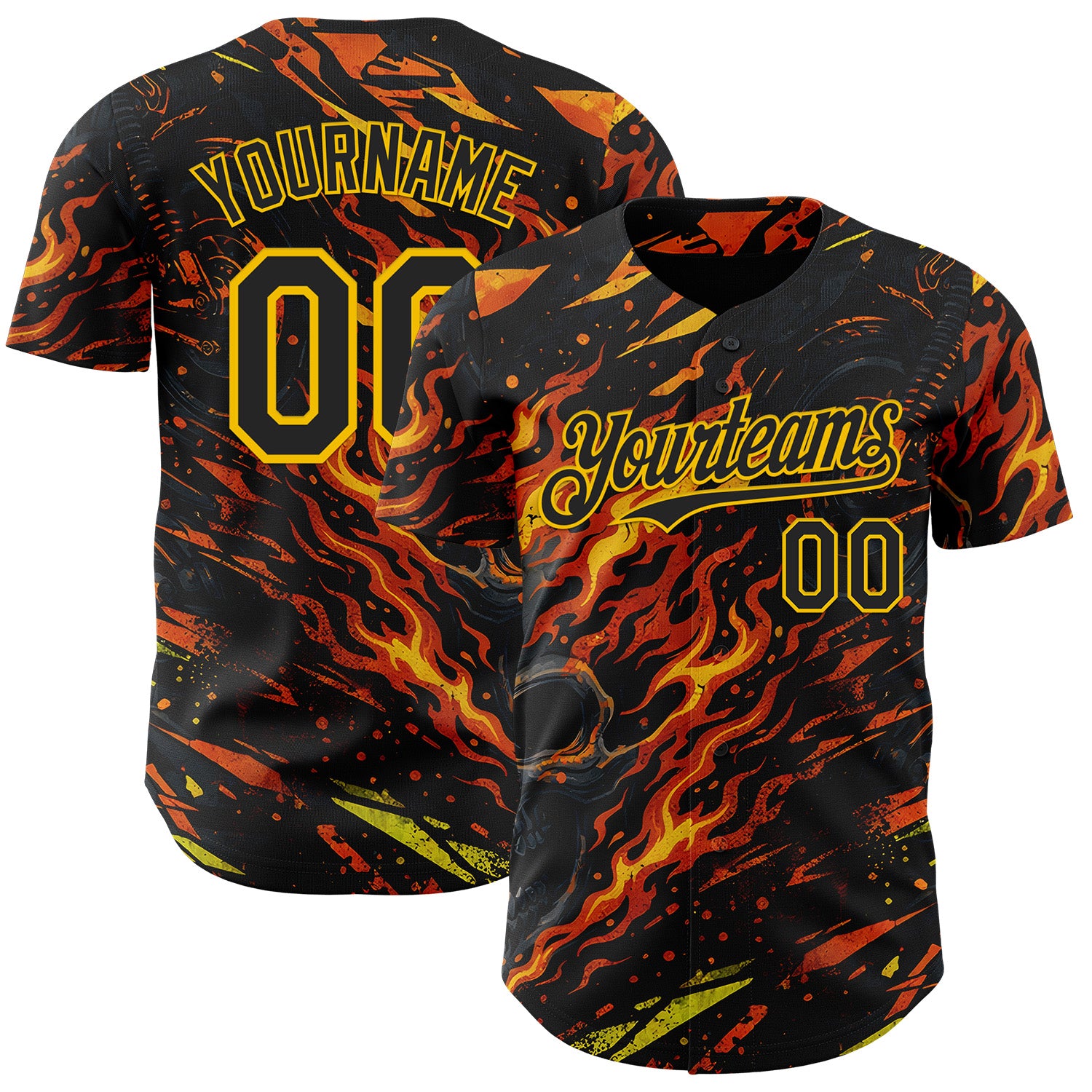 Custom Black Red-Yellow 3D Pattern Design Motorcycle Motocross Skull Flame Authentic Baseball Jersey