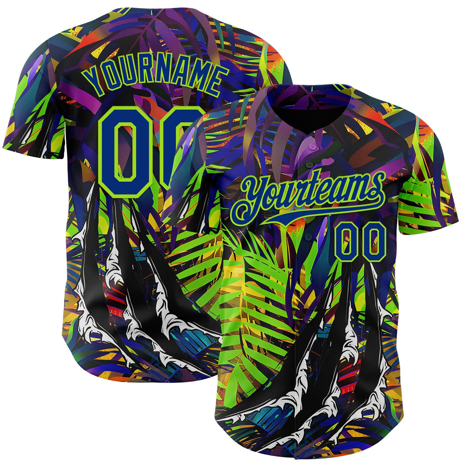 Custom Black Royal-Neon Green Cyber Tropical Palm Trees Music Festival Claw Marks Authentic Baseball Jersey