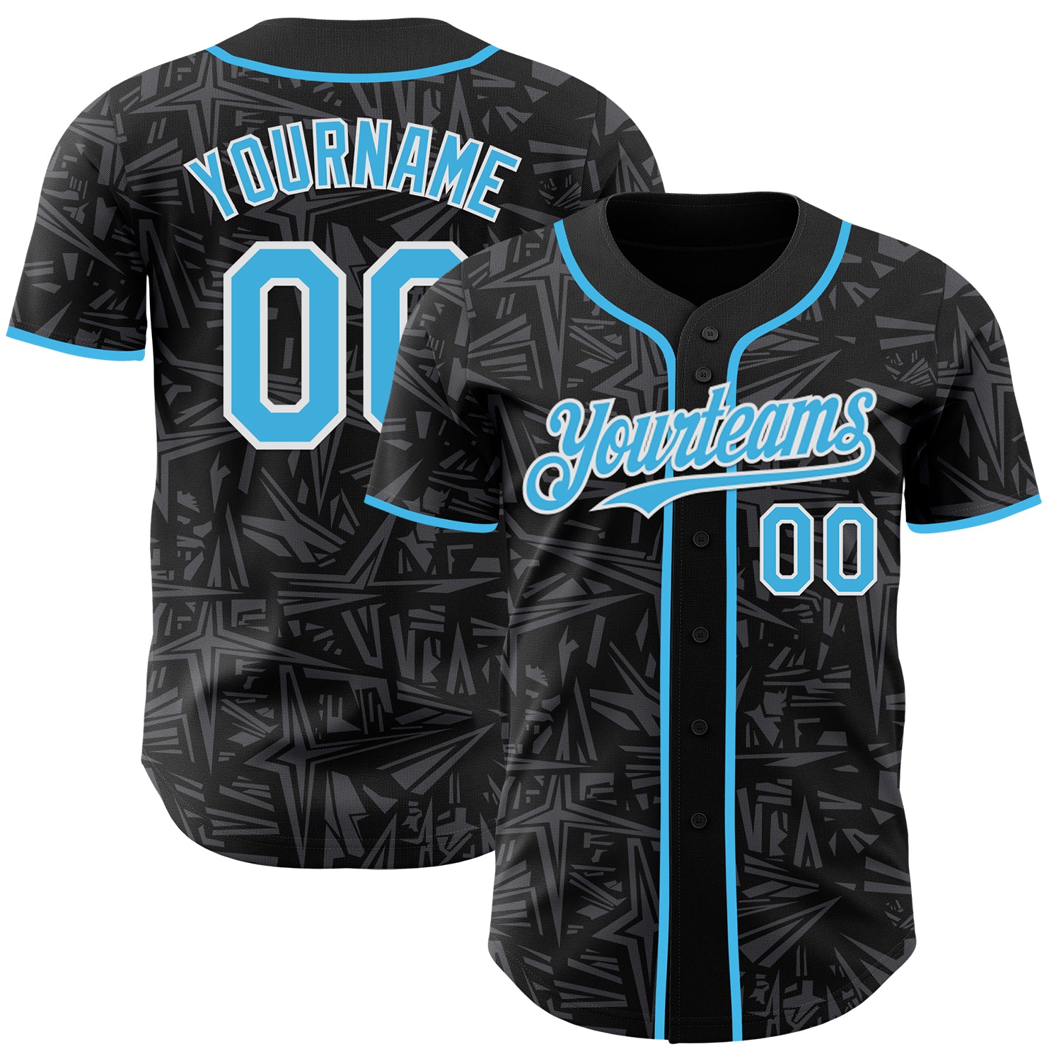 Custom Black Sky Blue Steel Gray-White Geometric Cyber Starburst Authentic Baseball Jersey