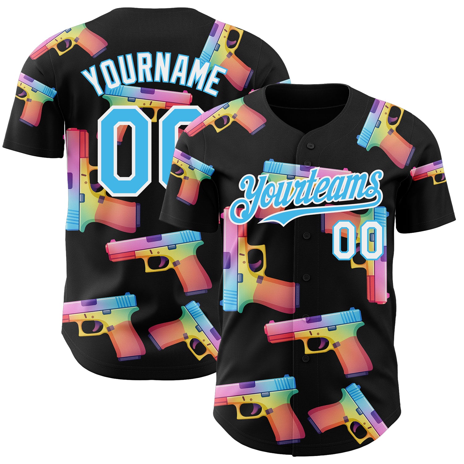 Custom Black Sky Blue-White Colorful Firepower 3D Pattern Design Authentic Baseball Jersey