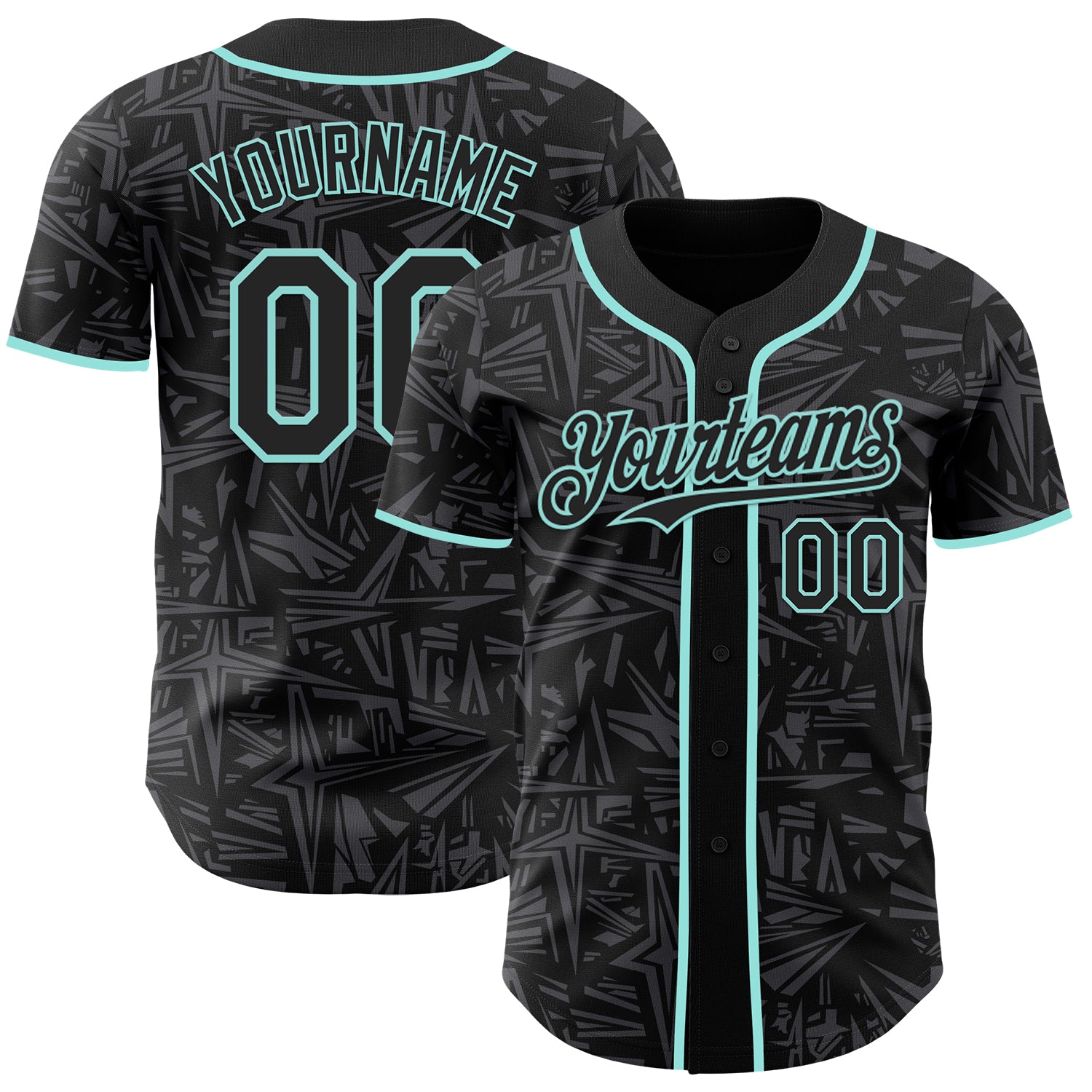 Custom Black Steel Gray-Ice Blue Geometric Cyber Starburst Authentic Baseball Jersey
