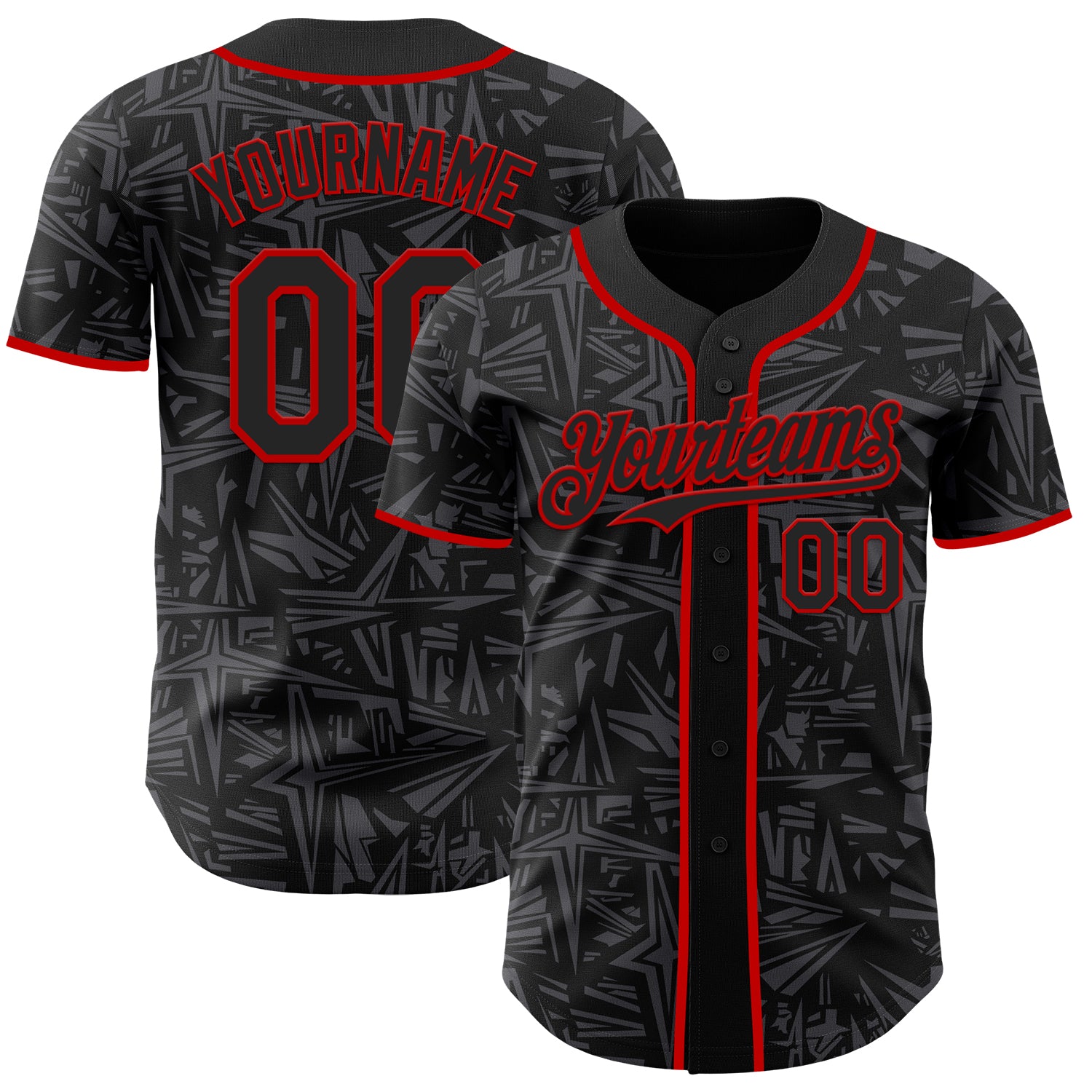 Custom Black Steel Gray-Red Geometric Cyber Starburst Authentic Baseball Jersey