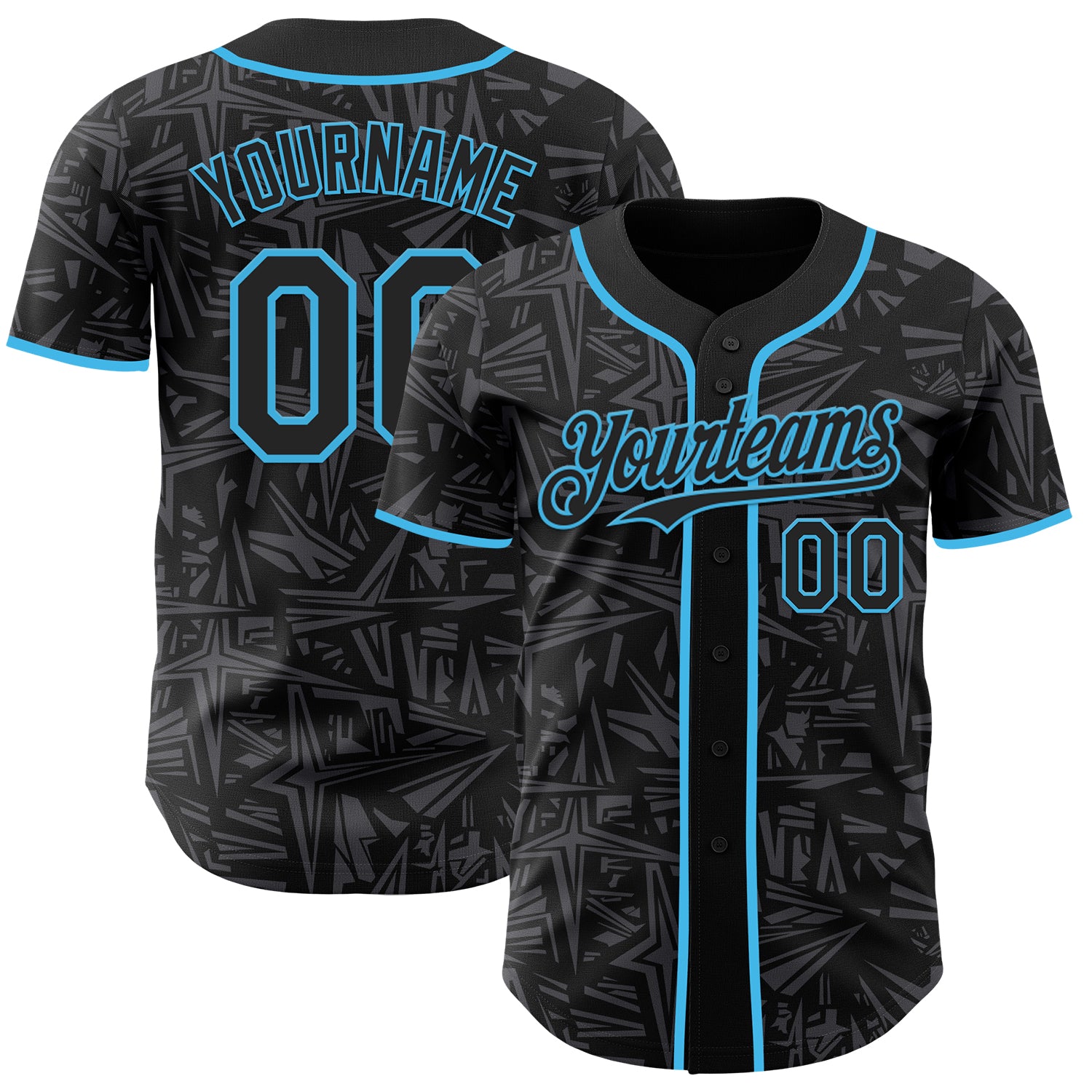 Custom Black Steel Gray-Sky Blue Geometric Cyber Starburst Authentic Baseball Jersey