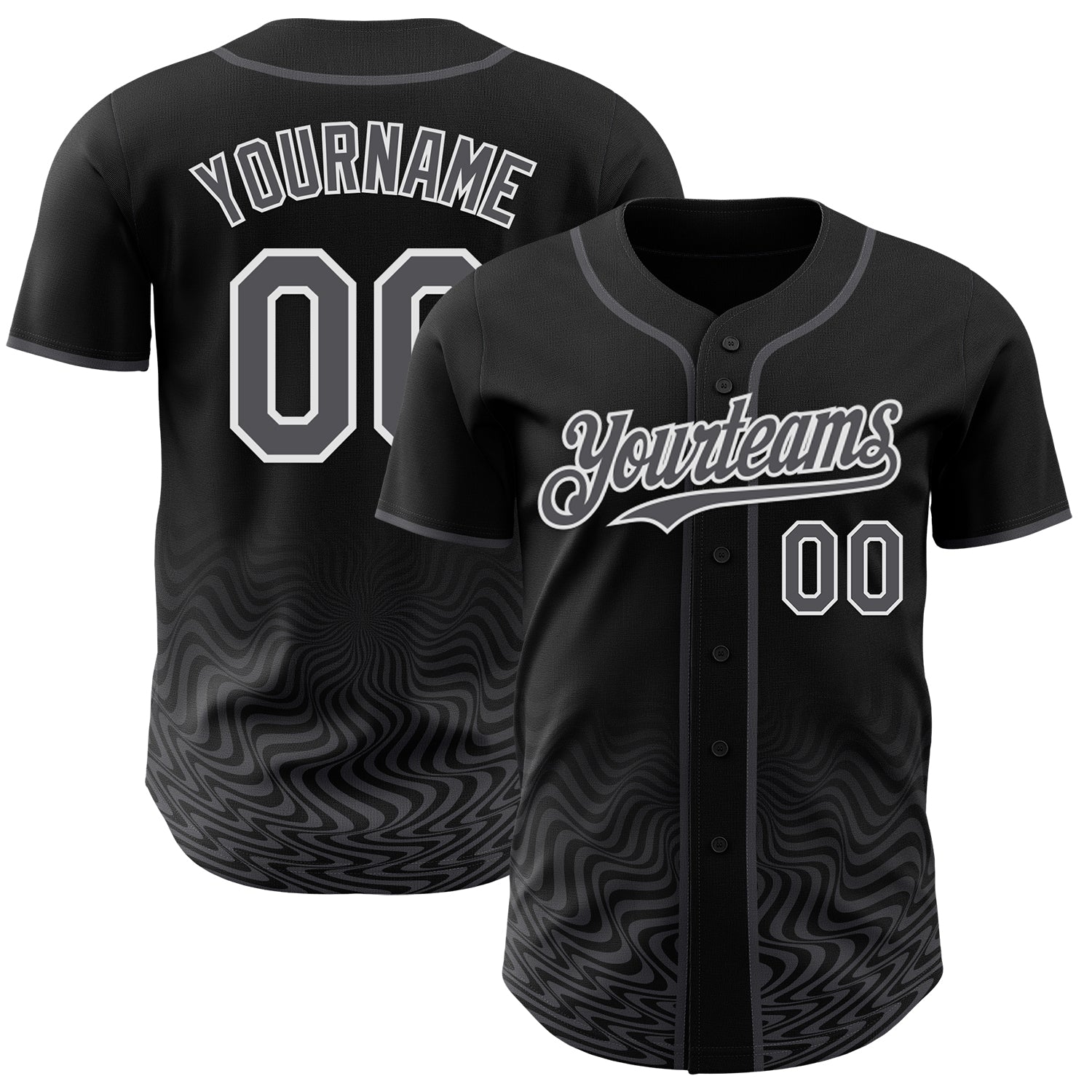 Custom Black Steel Gray-White Fluid Wave Psychedelic Swirl Authentic Baseball Jersey