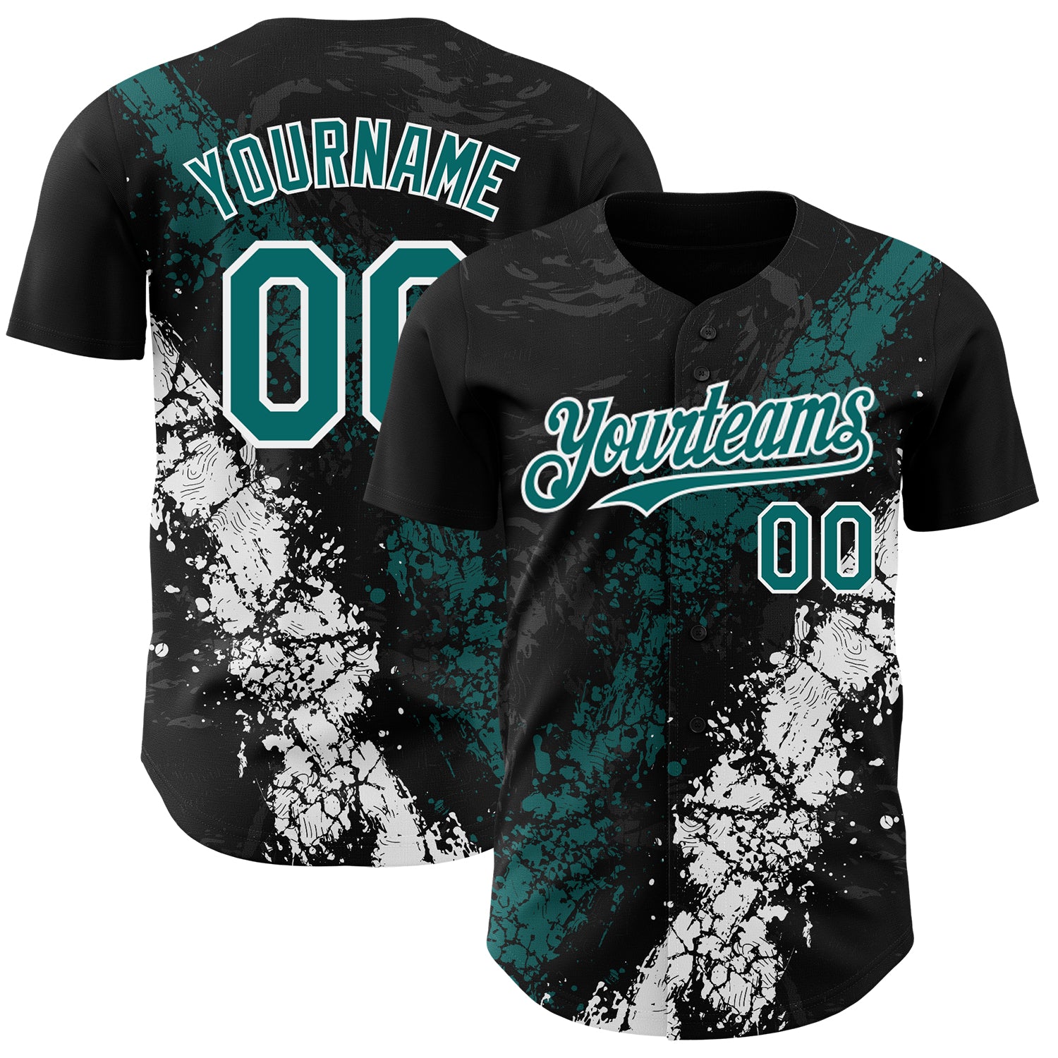 Custom Black Teal-White 3D Pattern Design Splash Authentic Baseball Jersey