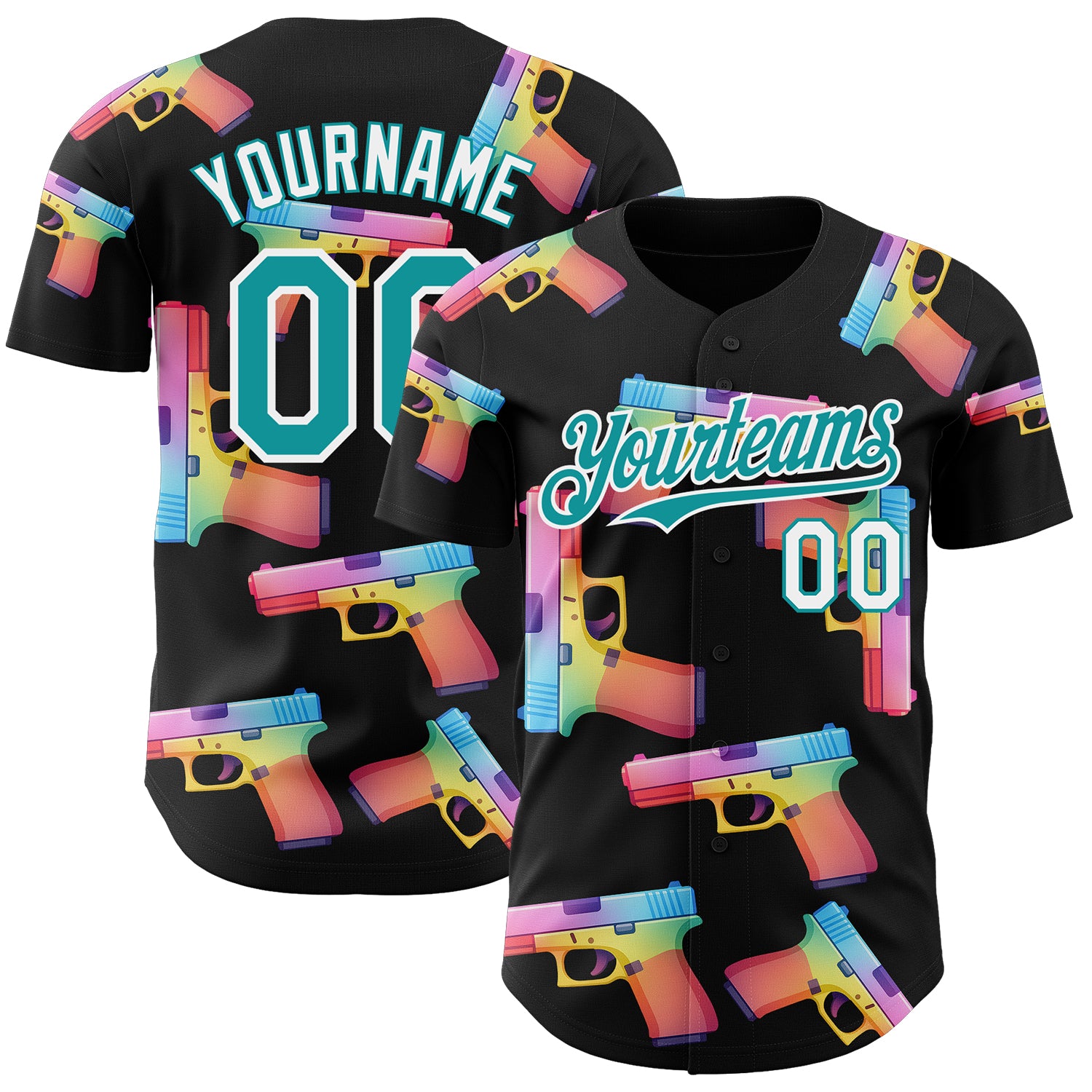 Custom Black Teal-White Colorful Firepower 3D Pattern Design Authentic Baseball Jersey