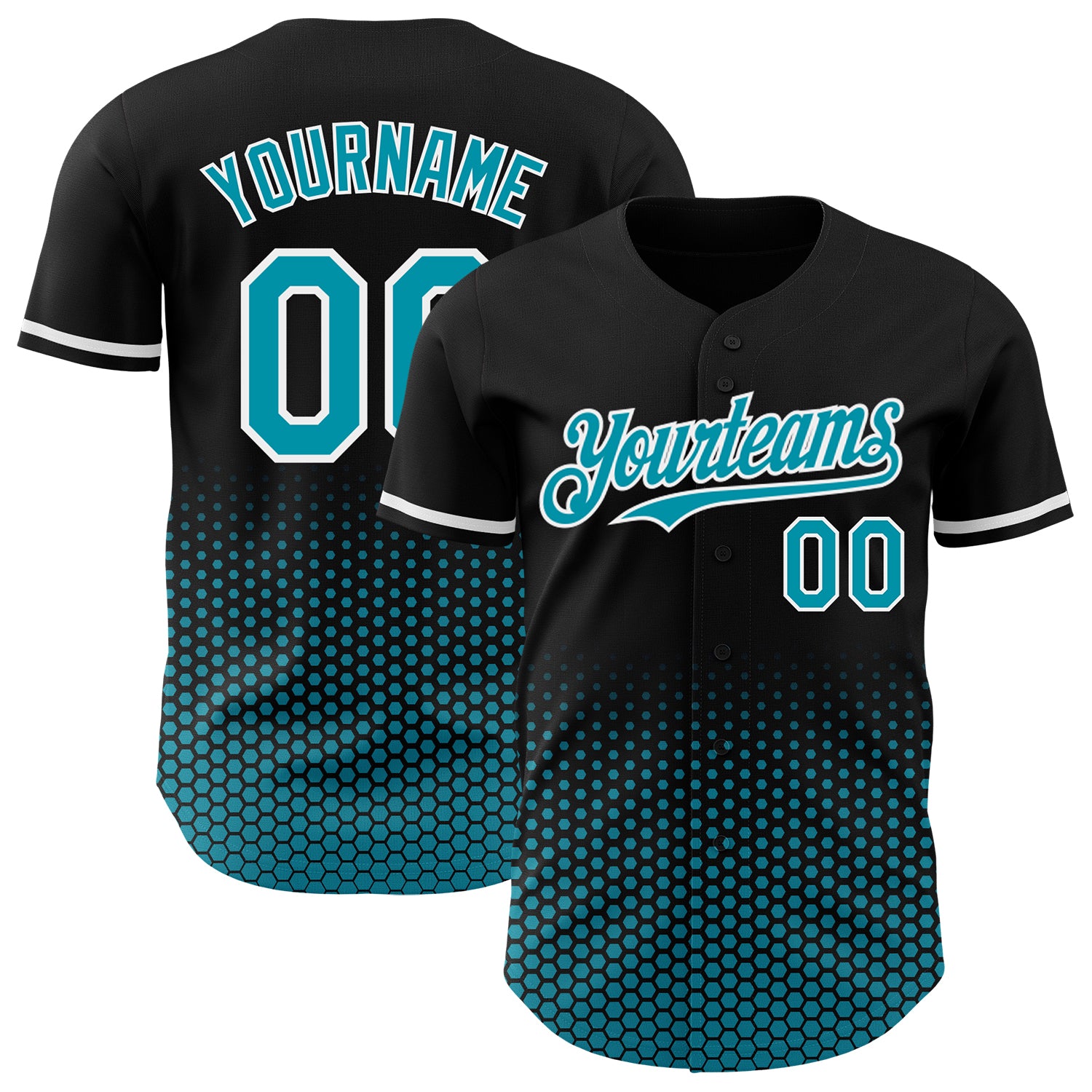 Custom Black Teal-White Geometric Hexagonal Dot Gradient Authentic Baseball Jersey