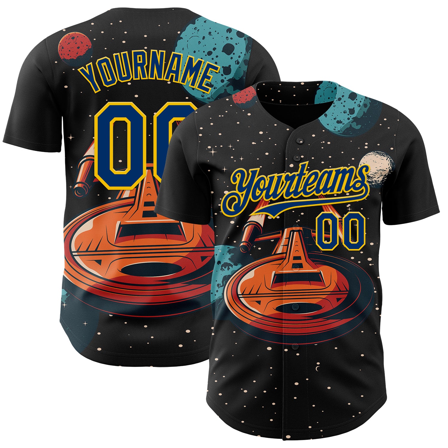 Custom Black US Navy Blue-Yellow 3D Pattern Design Alien UFO Interstellar Starship Galaxy Authentic Baseball Jersey