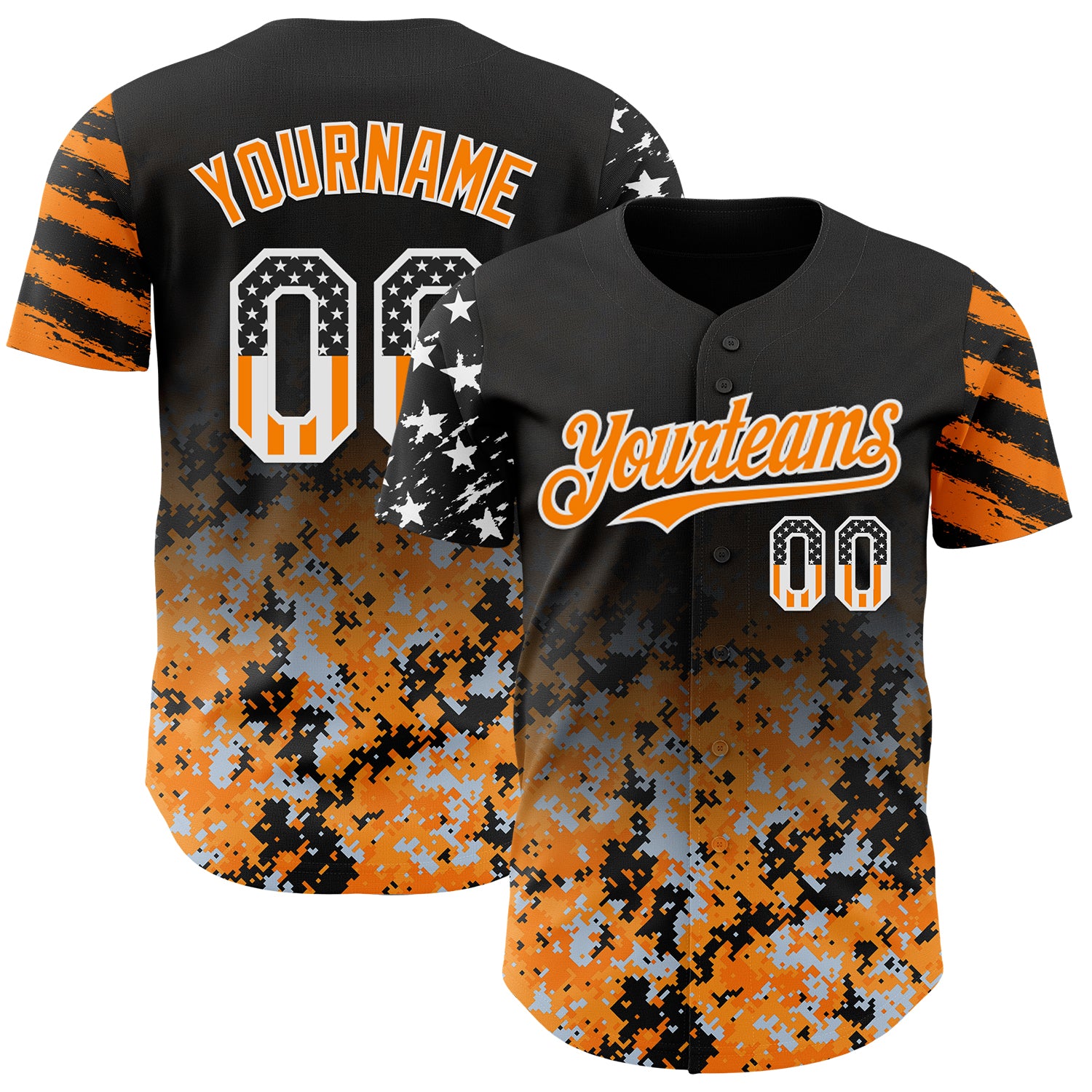 Custom Black USA Flag Camo White-Bay Orange Gradient Digital Camouflage Stars & Stripes Two Tone Authentic Baseball Jersey