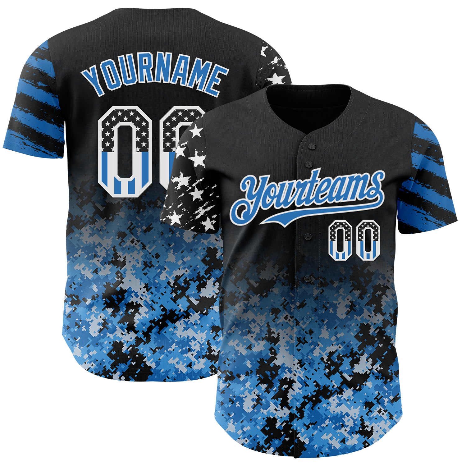 Custom Black USA Flag Camo White-Blue Gradient Digital Camouflage Stars & Stripes Two Tone Authentic Baseball Jersey